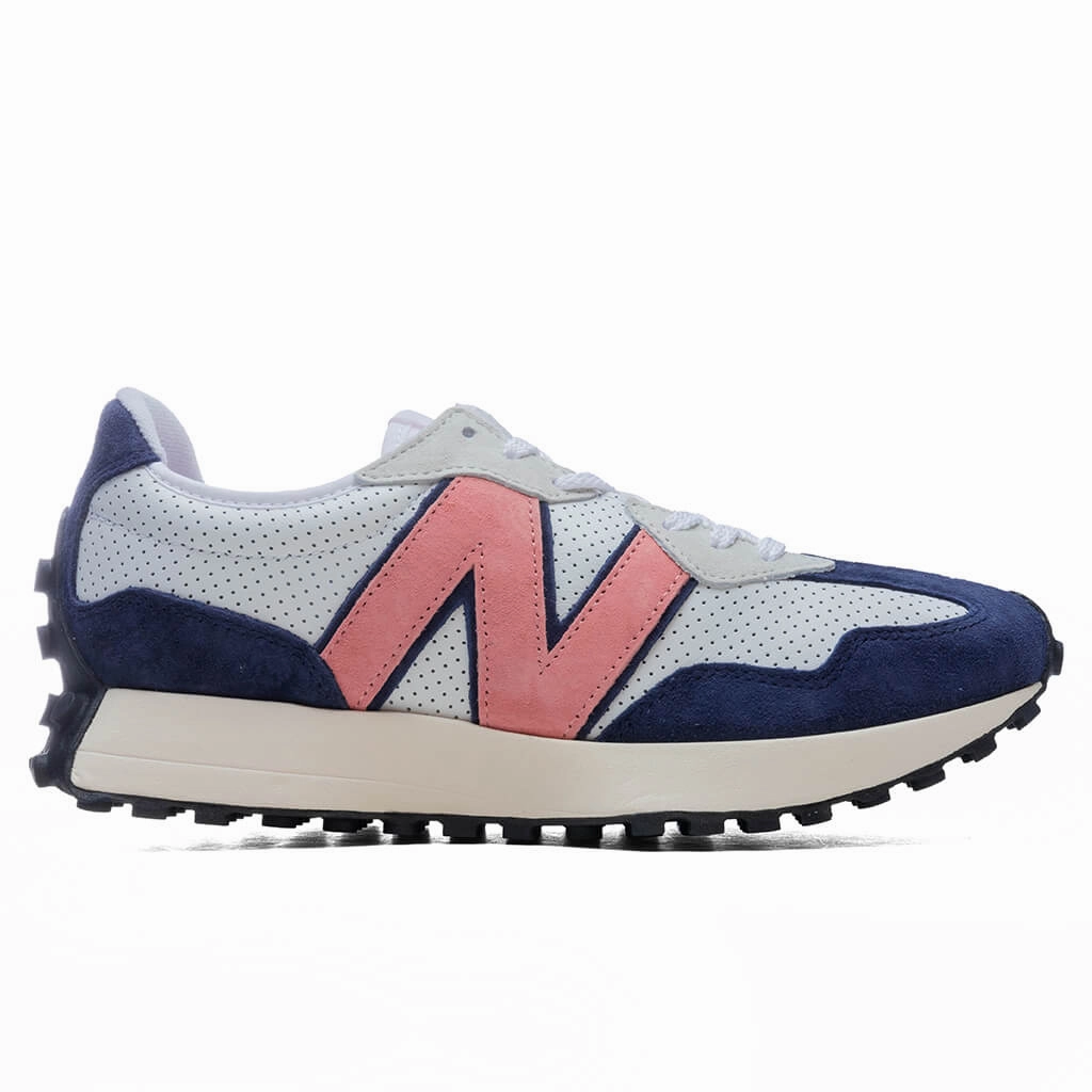 327 - White/Navy New Balance shoes for walking and running