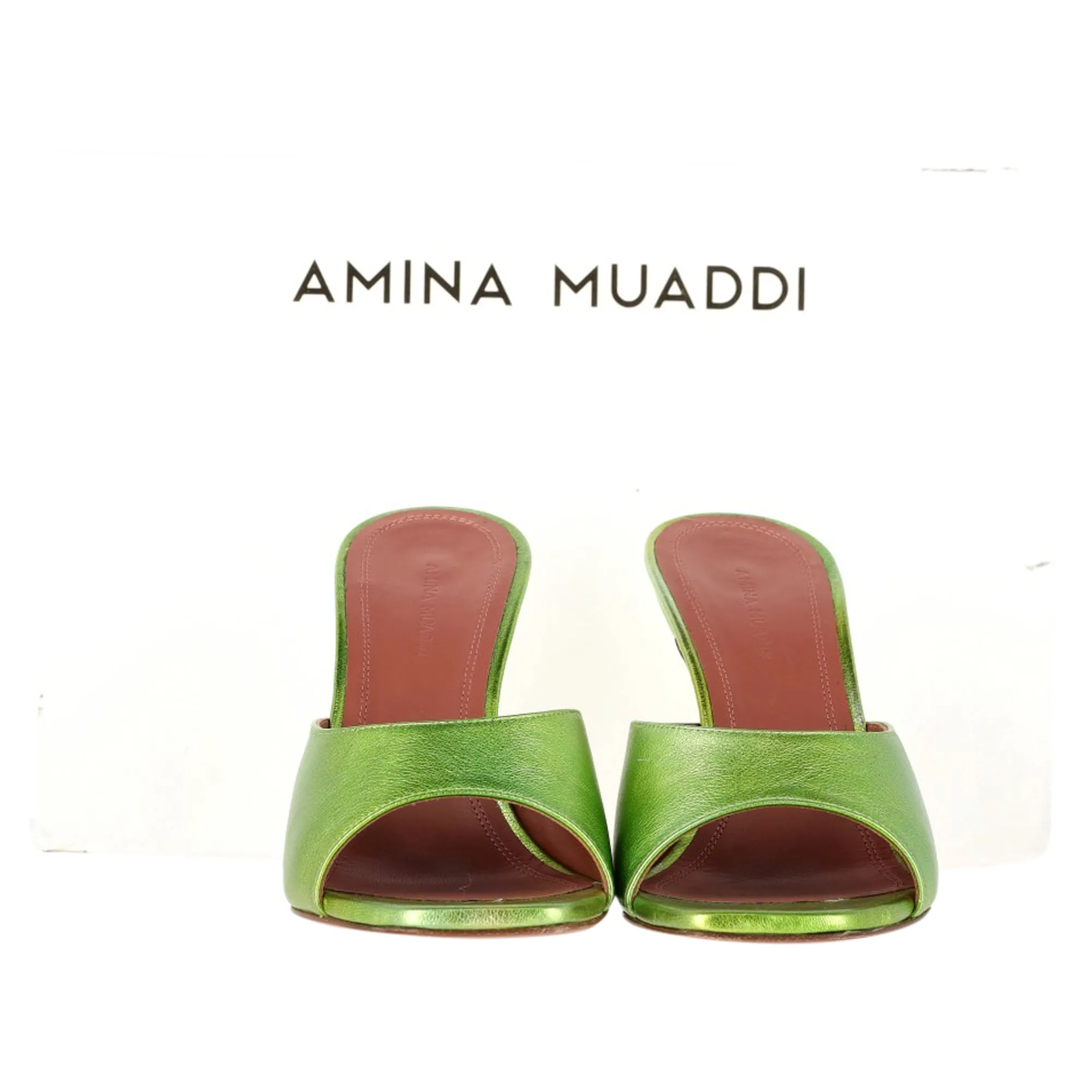 Amina Muaddi Lupita 95 Square Toe Mules in Green Leather