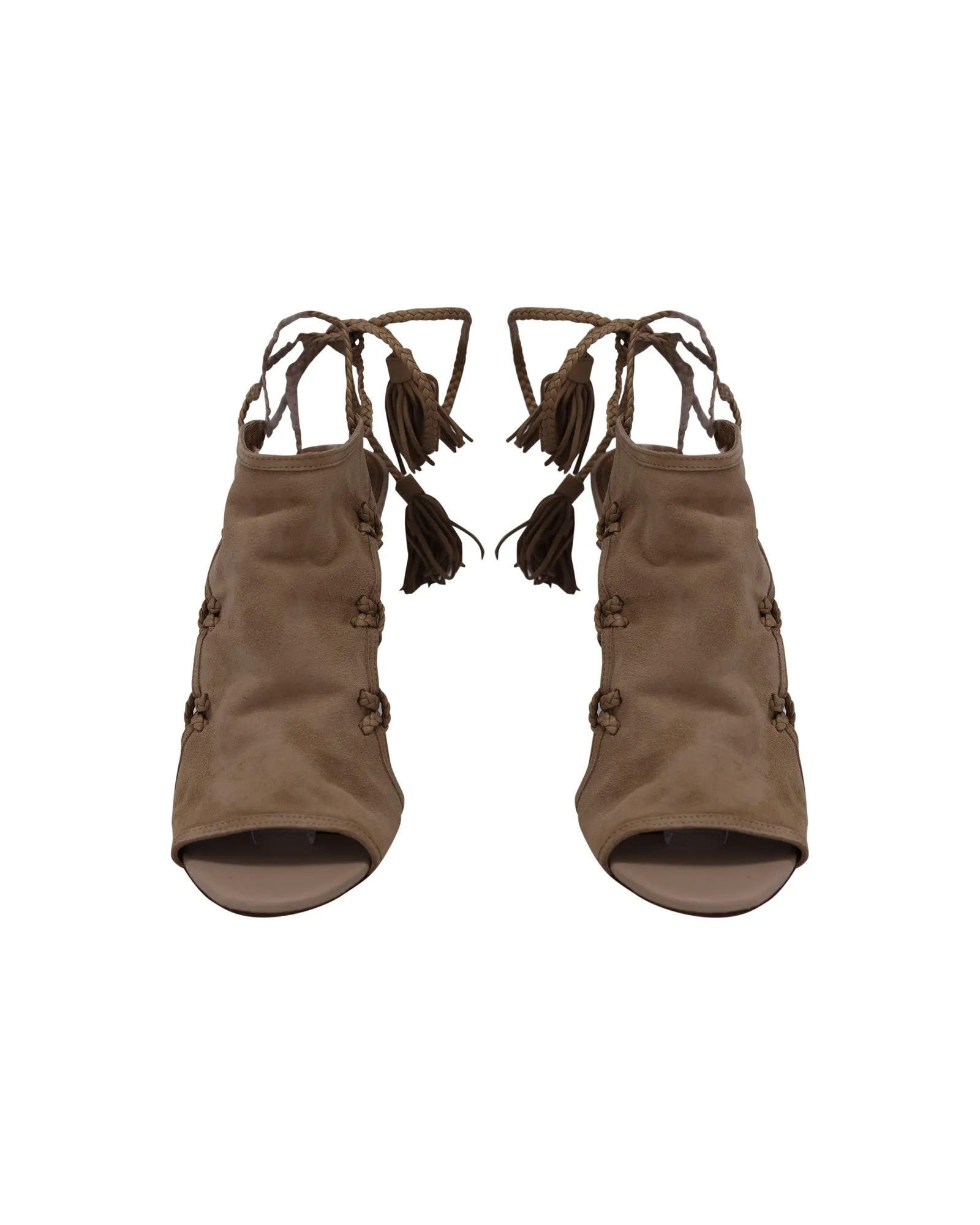 Aquazzura Sahara 105 Braided Lace-Up Sandals in Beige Suede