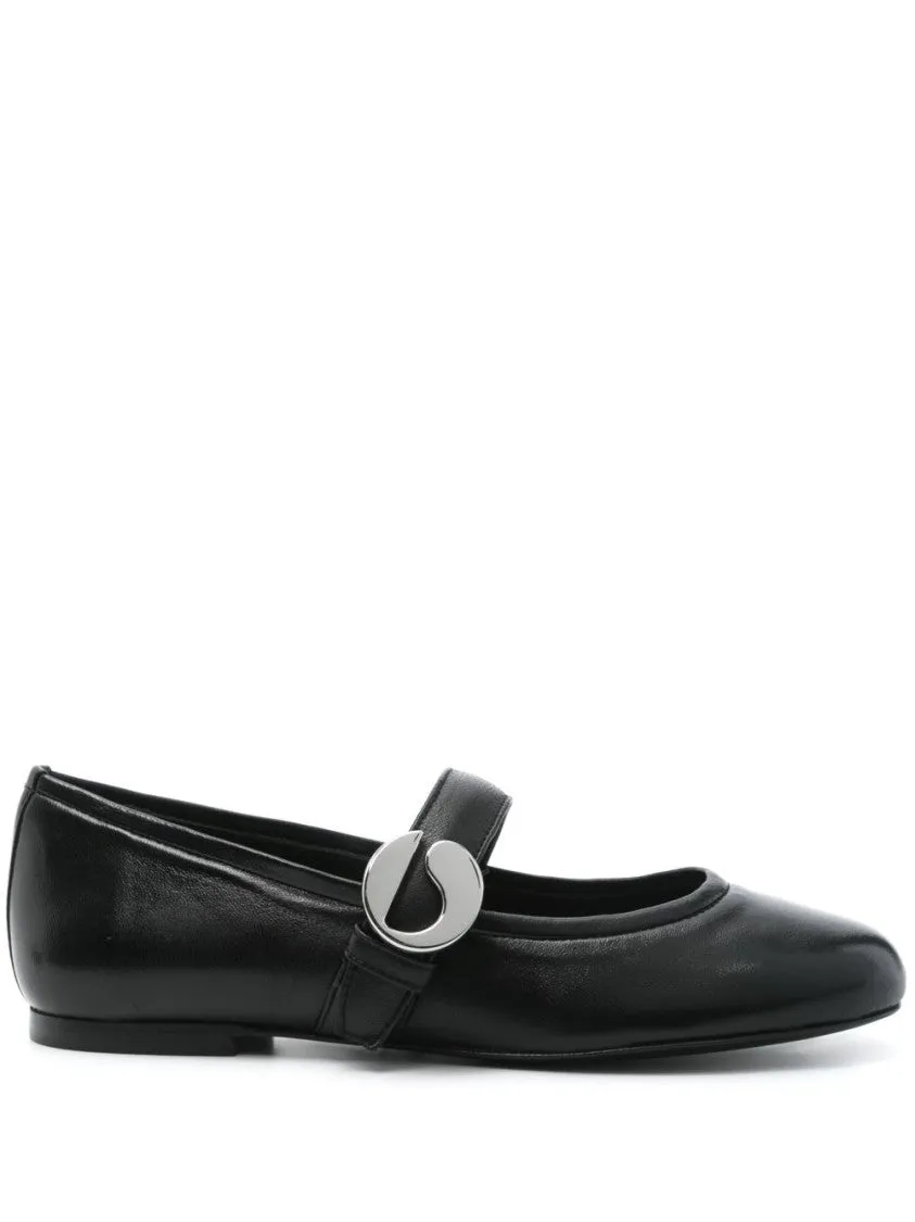 Black Leather Ballerina Flats With Strap