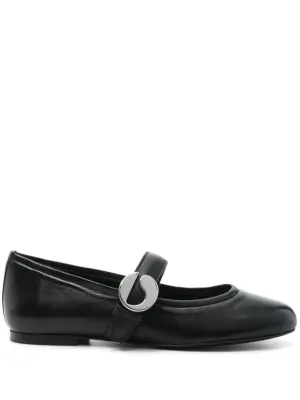 Black Leather Ballerina Flats With Strap