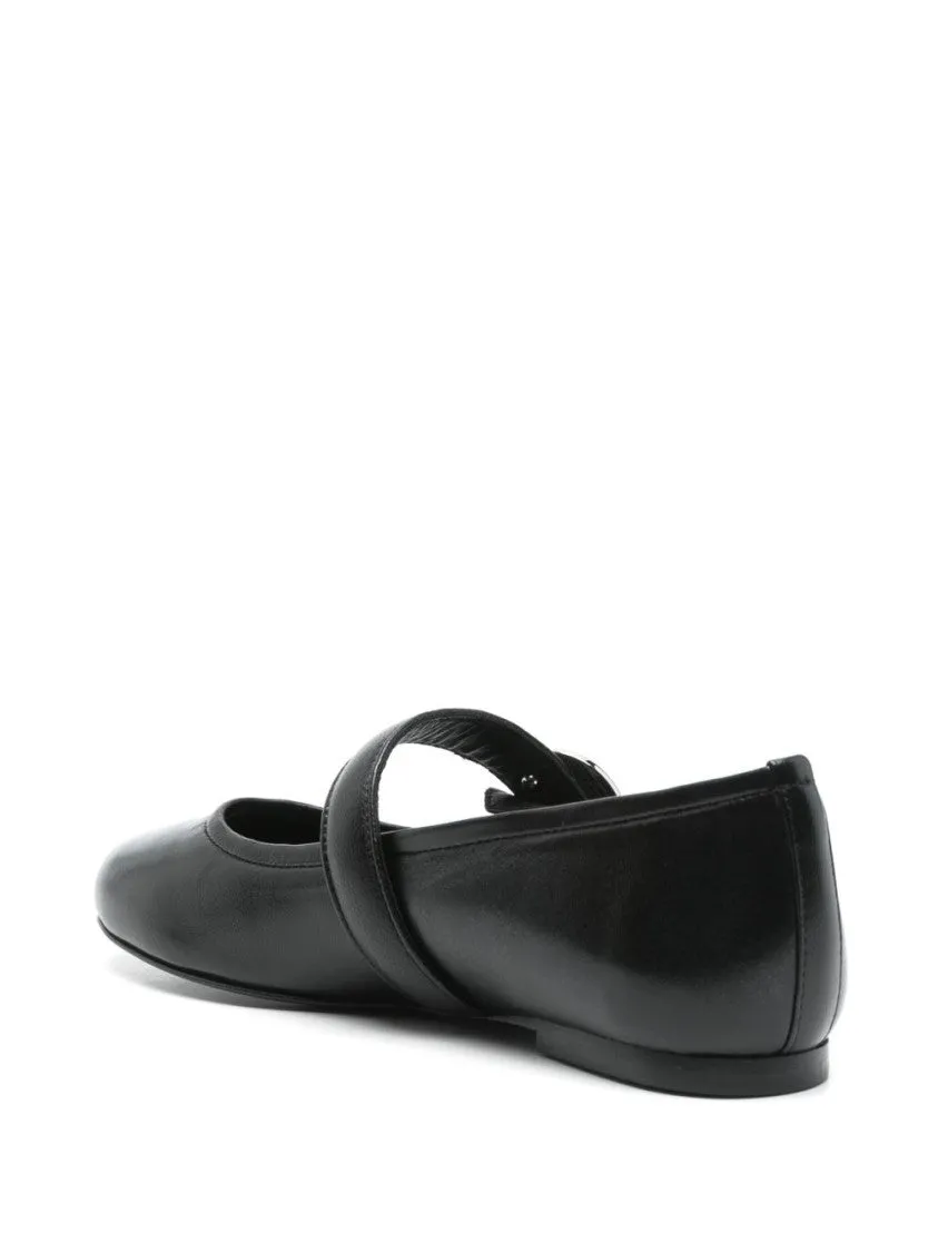 Black Leather Ballerina Flats With Strap