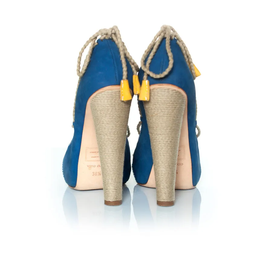 Blue suede candy pump