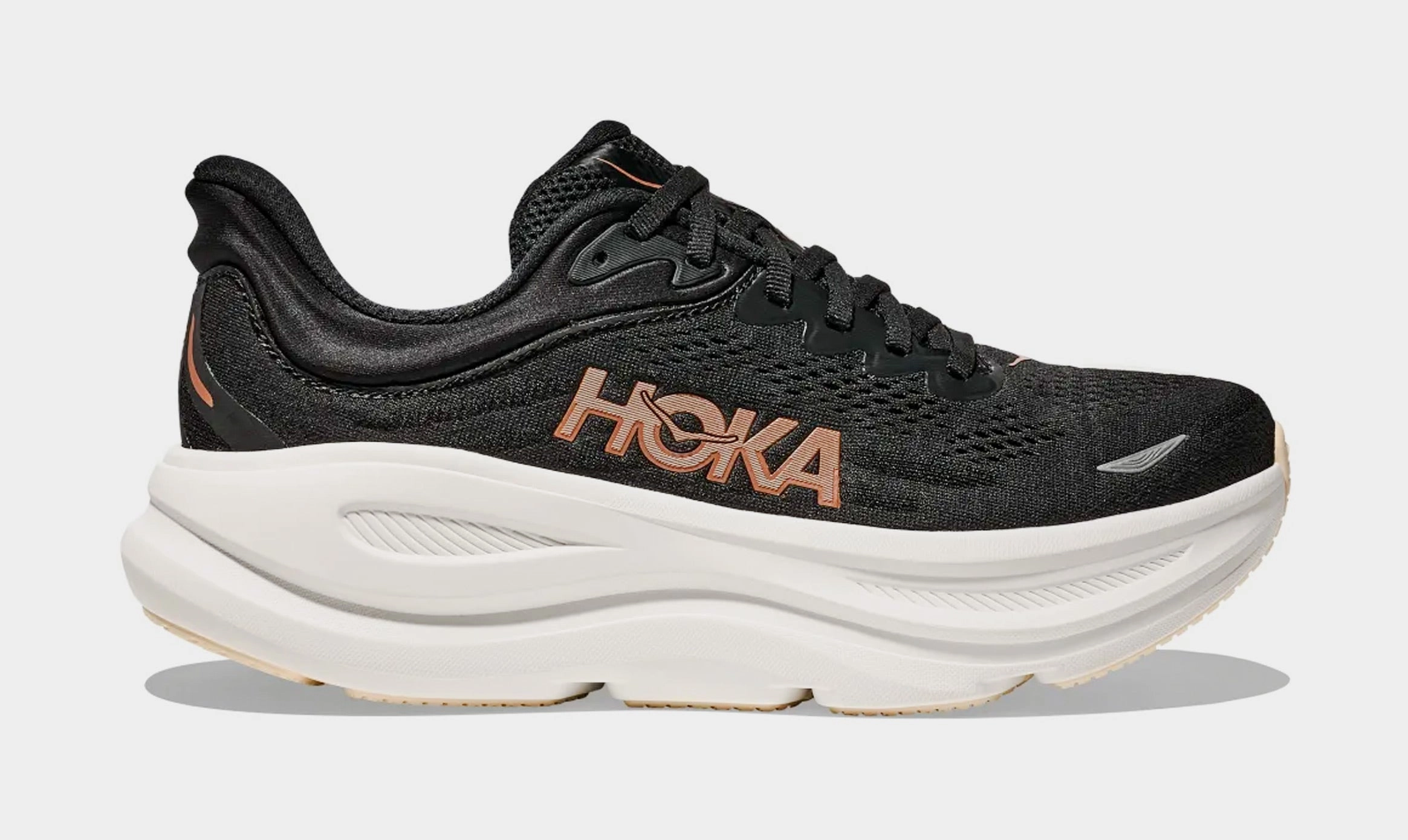 Bondi 9 Womens Running Shoes (Black/Gold) Trail-ready Hoka hiking shoes