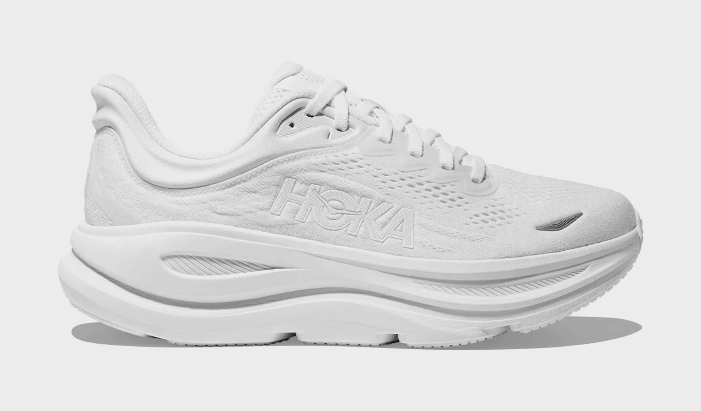 Bondi 9 Womens Running Shoes (White/White) Trail-ready Hoka hiking shoes