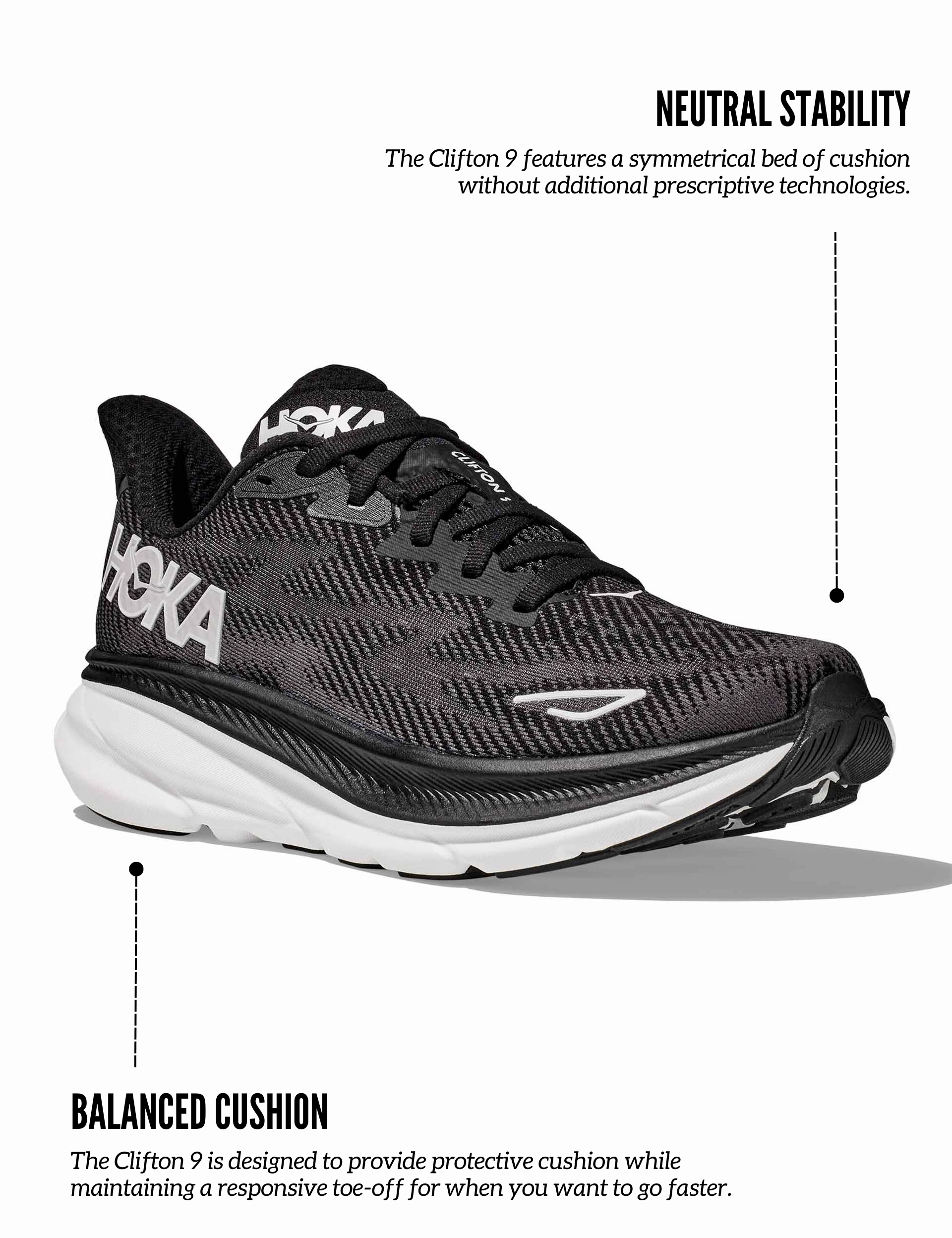 Clifton 9 - Black/White Hoka trail-ready performance shoes