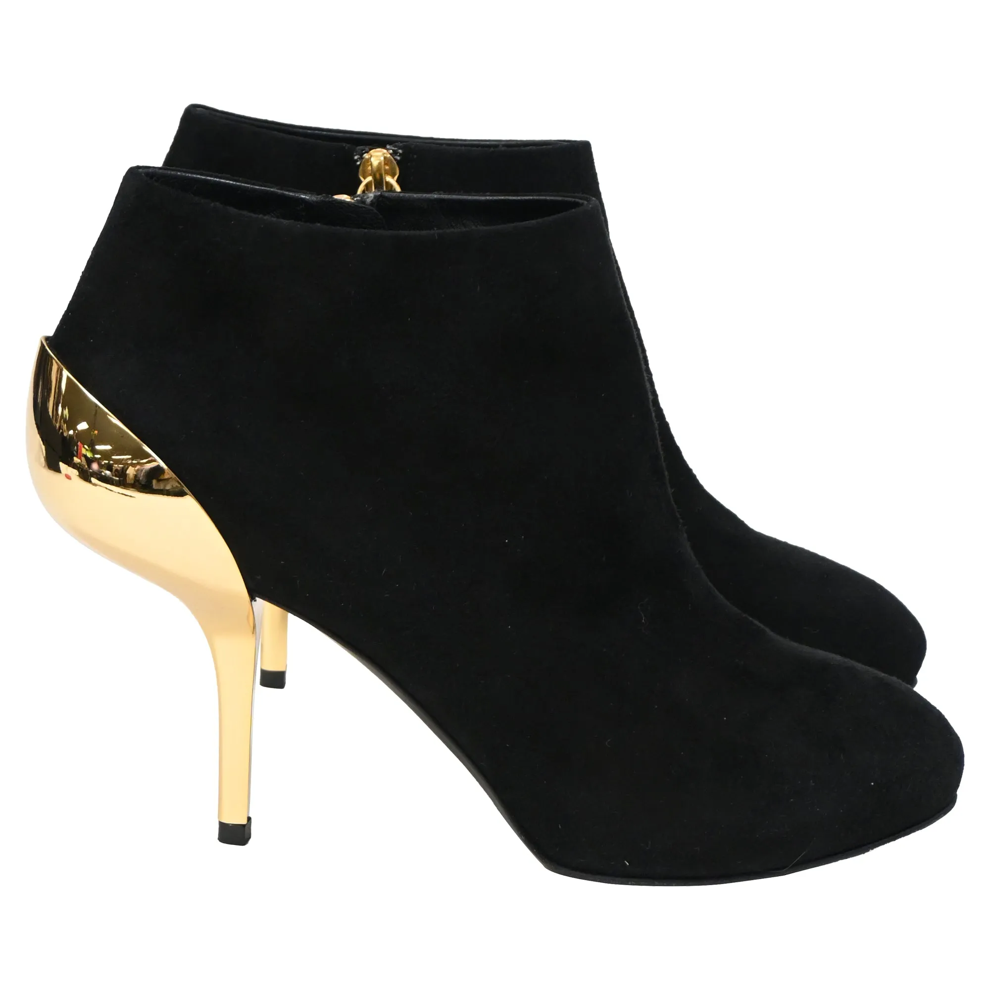 Giuseppe Zanotti Gold Heel Detail Ankle Boots in Black Suede