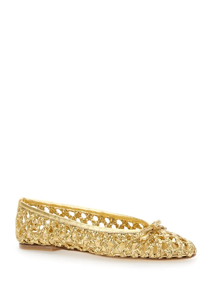 Intricately Woven Gold Ballet Flats With Pointed Toe