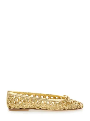 Intricately Woven Gold Ballet Flats With Pointed Toe