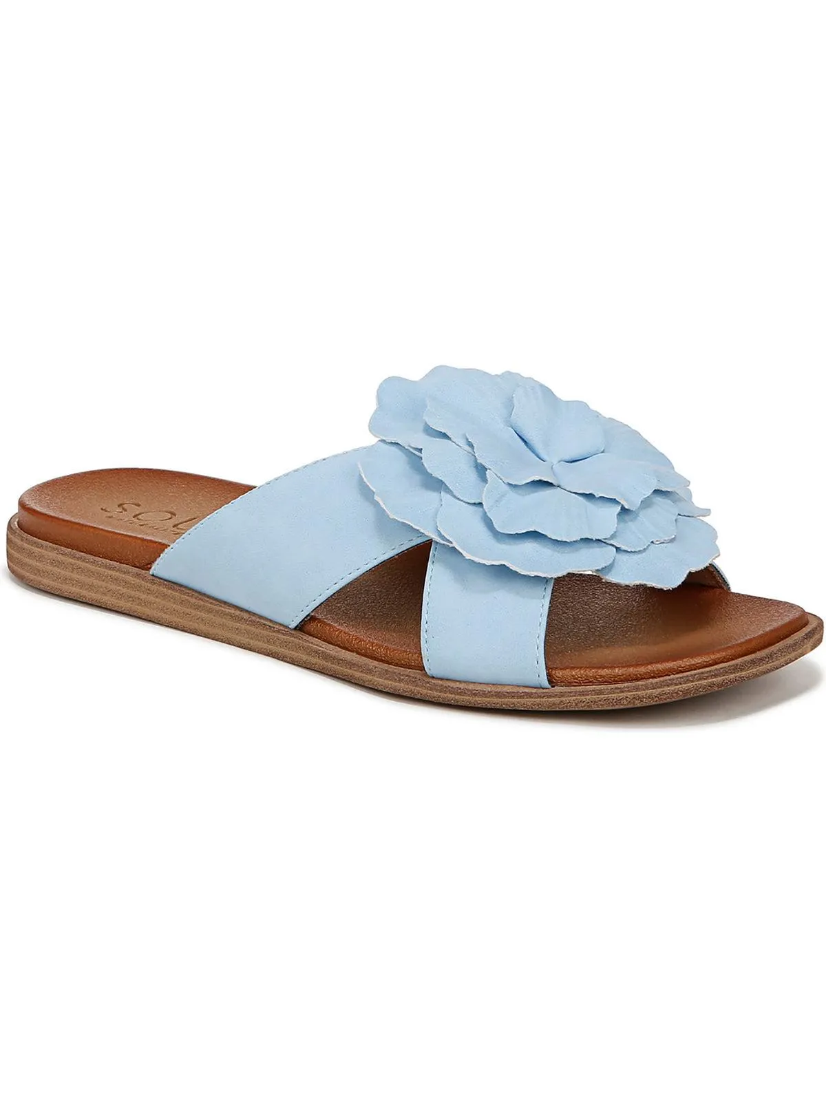 Joyful Womens Faux Leather Flower Slide Sandals