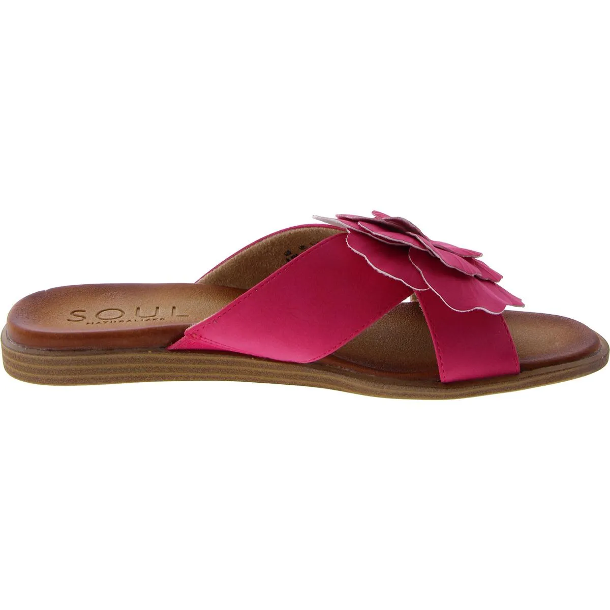 Joyful Womens Faux Leather Flower Slide Sandals