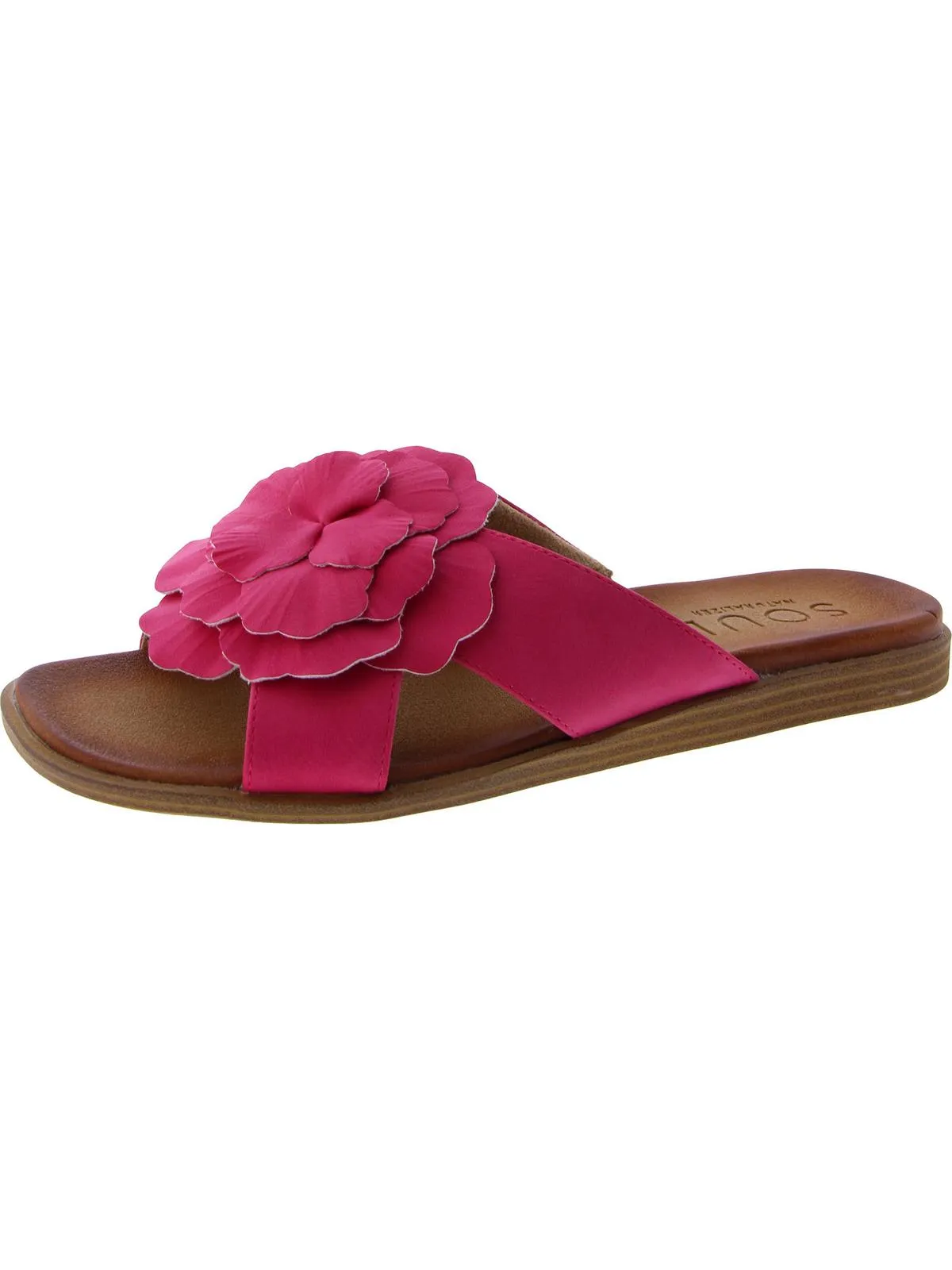 Joyful Womens Faux Leather Flower Slide Sandals
