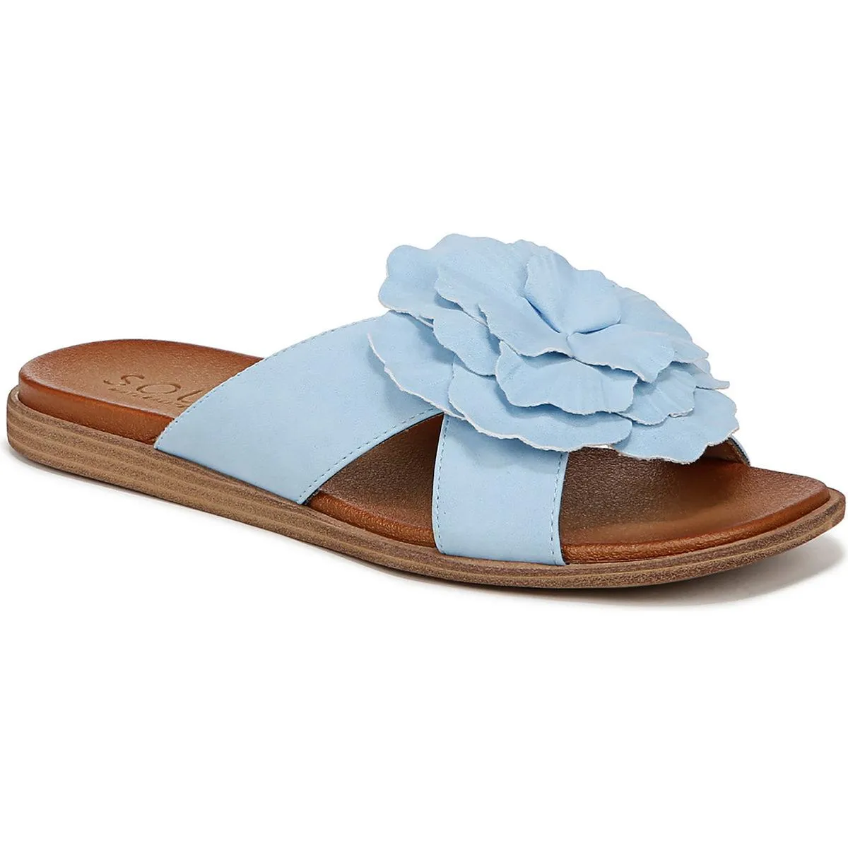 Joyful Womens Faux Leather Flower Slide Sandals