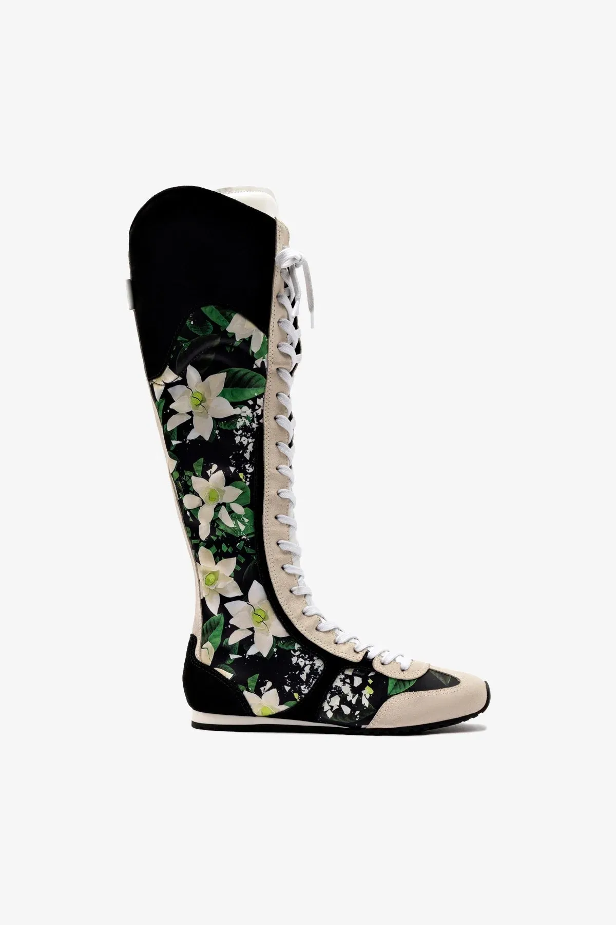 Larroud x Jonathan Cohen Flat Hi Sneaker Boot In Black Gardenias Satin And Black Suede