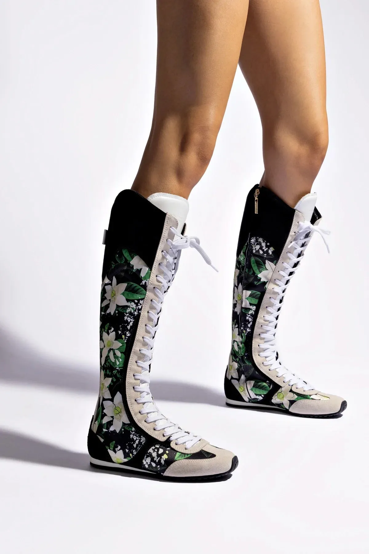 Larroud x Jonathan Cohen Flat Hi Sneaker Boot In Black Gardenias Satin And Black Suede
