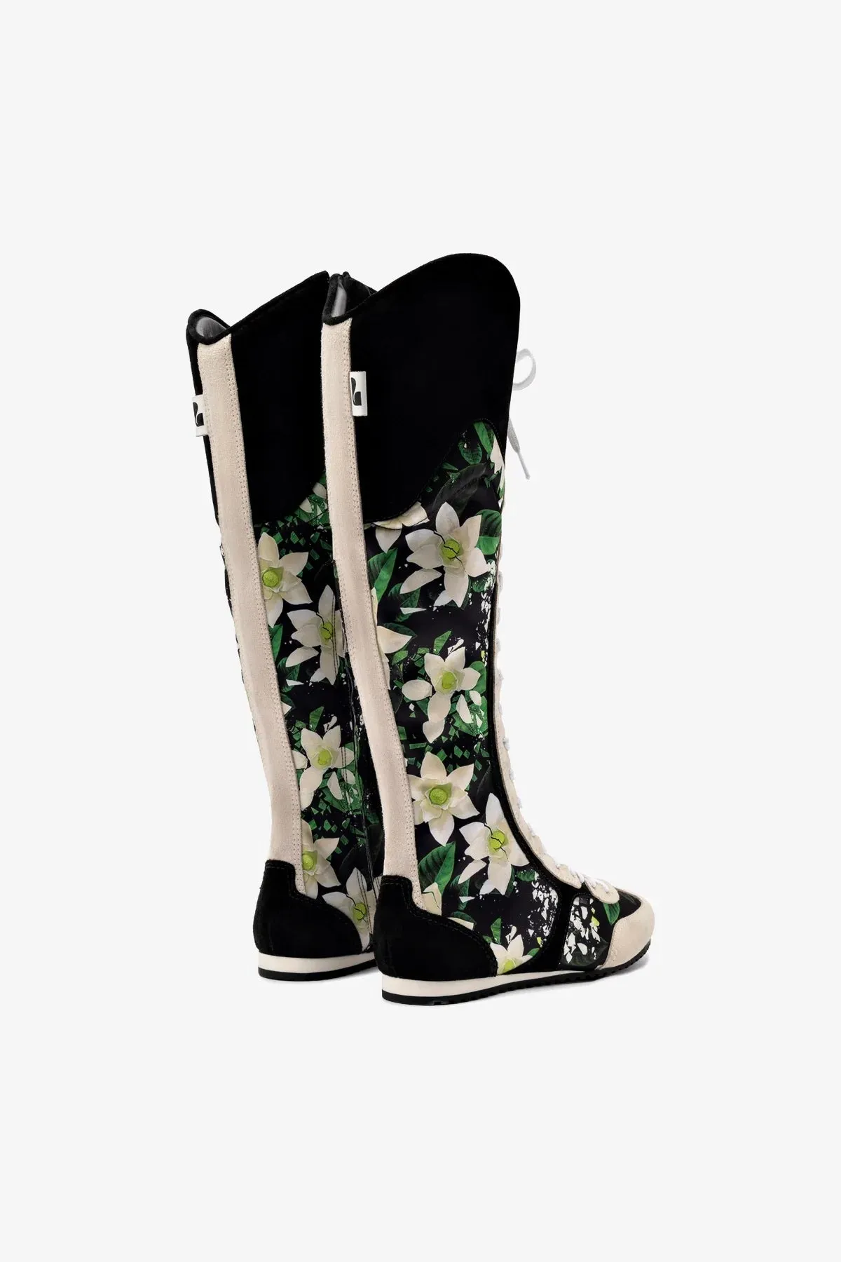 Larroud x Jonathan Cohen Flat Hi Sneaker Boot In Black Gardenias Satin And Black Suede