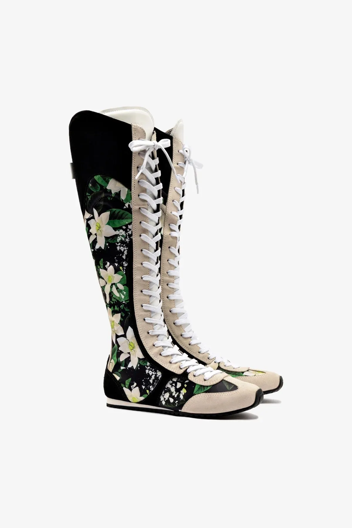 Larroud x Jonathan Cohen Flat Hi Sneaker Boot In Black Gardenias Satin And Black Suede