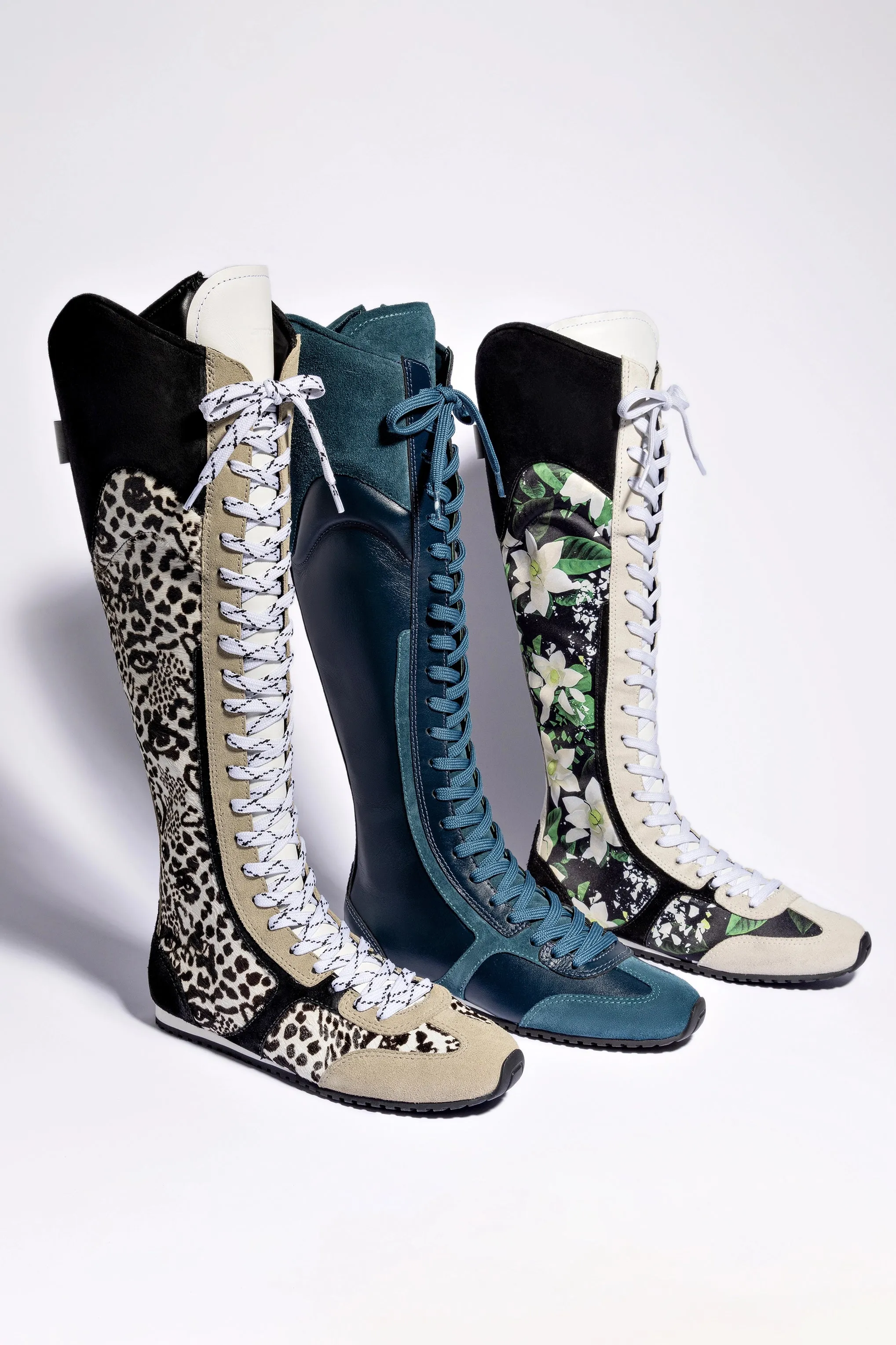 Larroud x Jonathan Cohen Flat Hi Sneaker Boot In Black Gardenias Satin And Black Suede