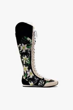 Larroud x Jonathan Cohen Flat Hi Sneaker Boot In Black Gardenias Satin And Black Suede