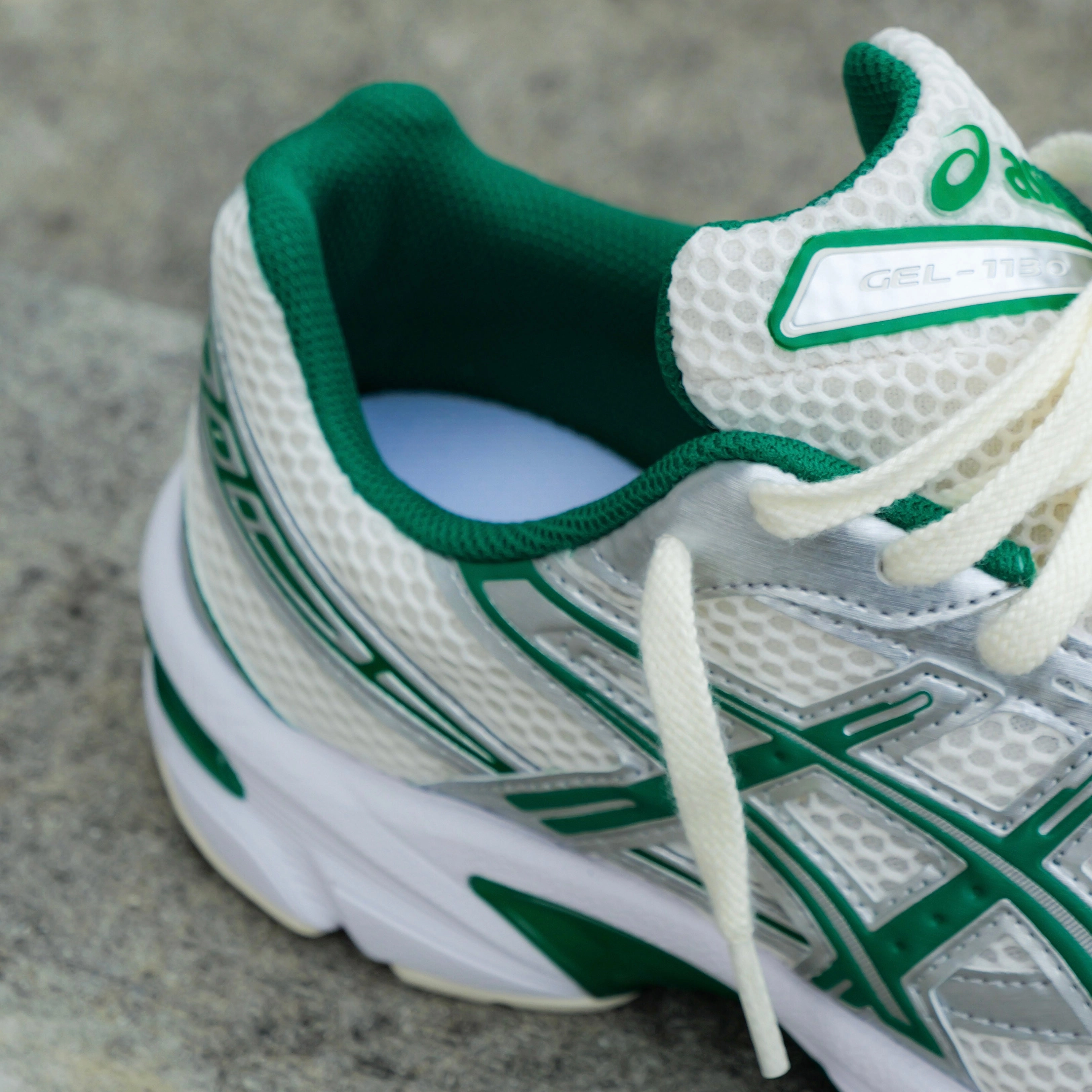 Mens Asics Gel-1130 (Cream/Kale) running shoe close-up shots