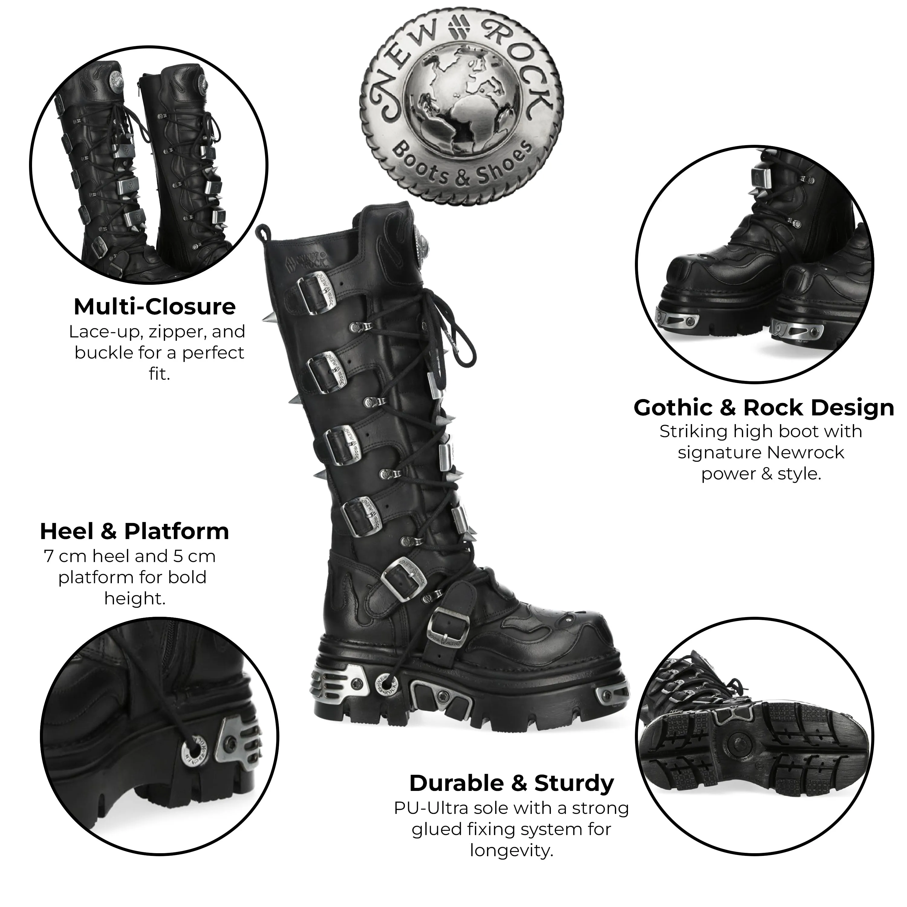New Rock M-161-C10 Knee High Black Leather Spiked Gothic Boots