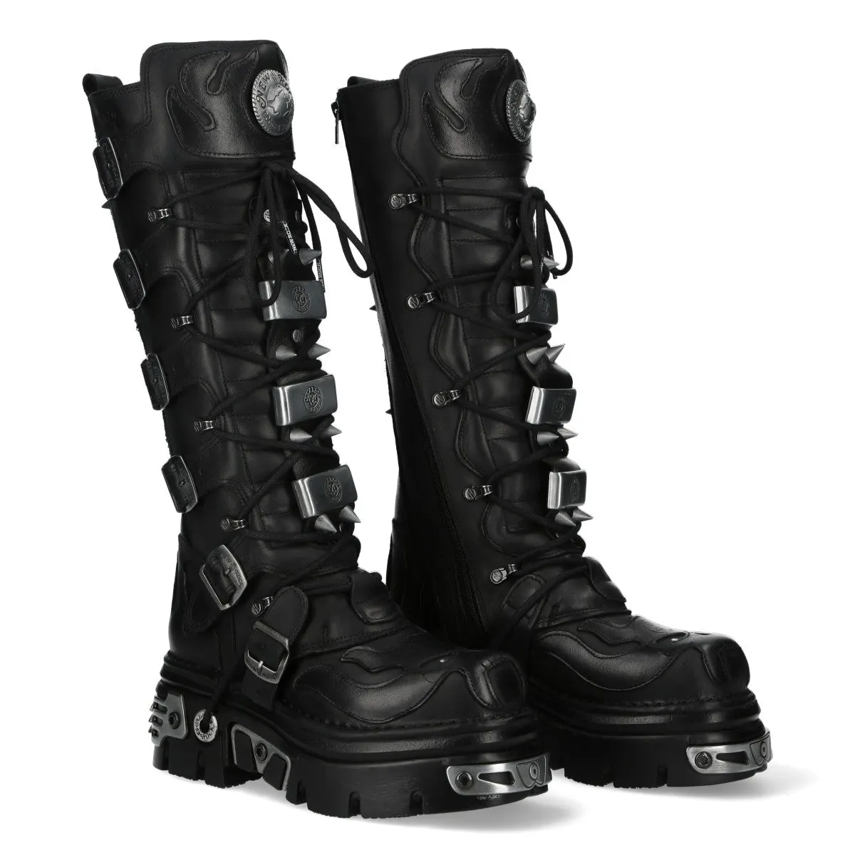 New Rock M-161-C10 Knee High Black Leather Spiked Gothic Boots
