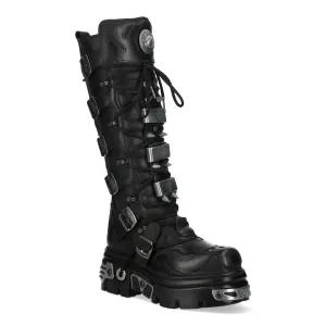 New Rock M-161-C10 Knee High Black Leather Spiked Gothic Boots
