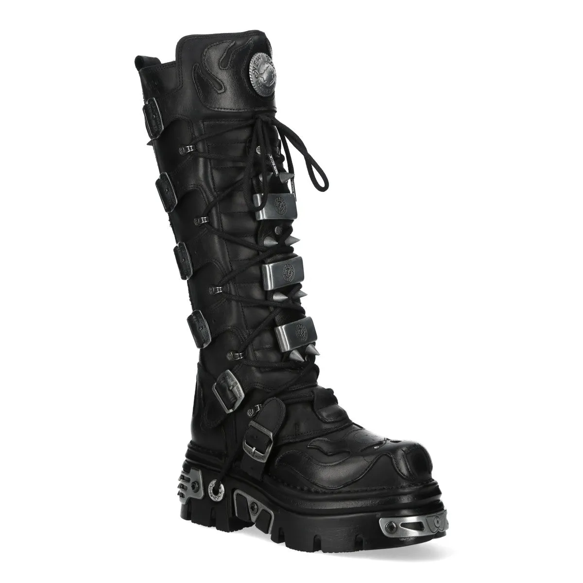 New Rock M-161-C10 Knee High Black Leather Spiked Gothic Boots