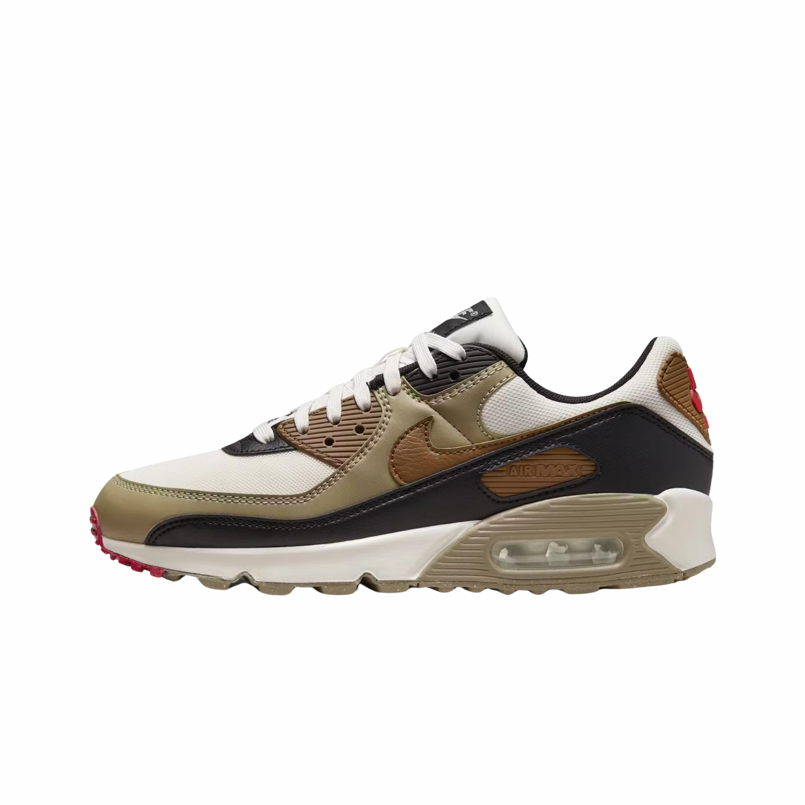 Nike Air Max 90 Phantom Black Fire Red Light British Tan (Women's) Nike sporty look with timeless feel