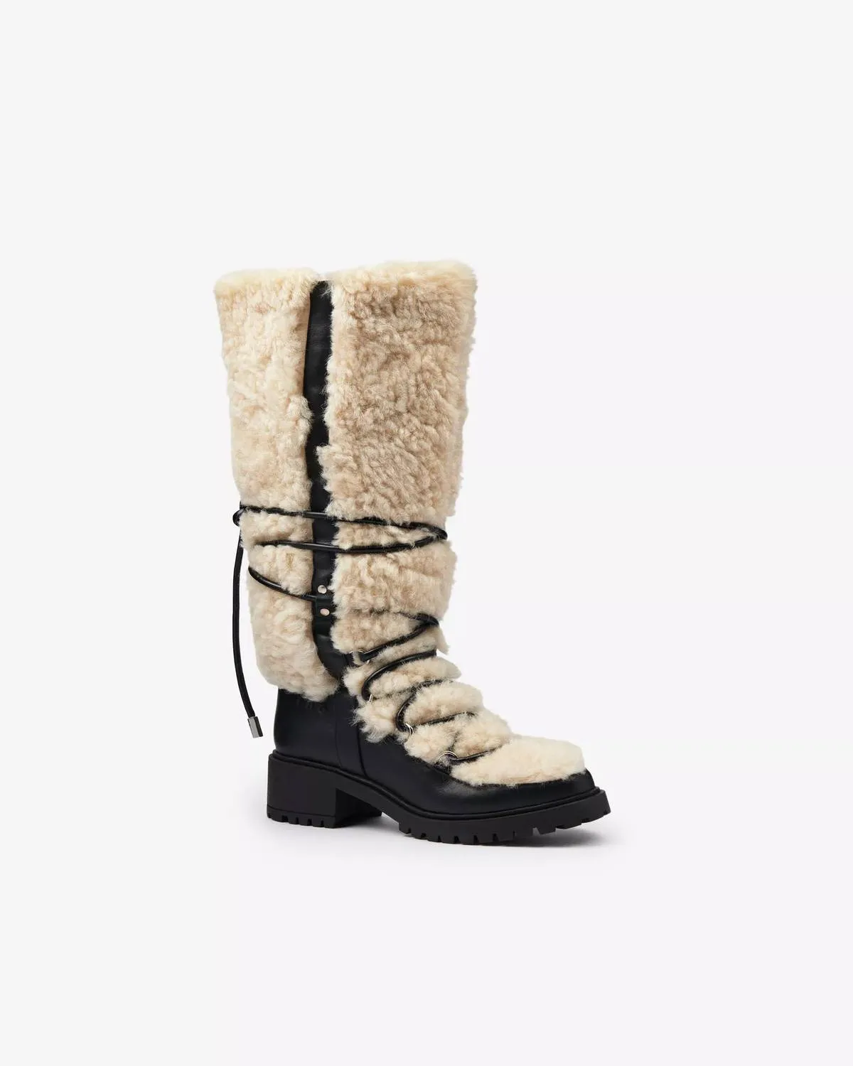 Plumy Platform Leather Boots In Ecru/black