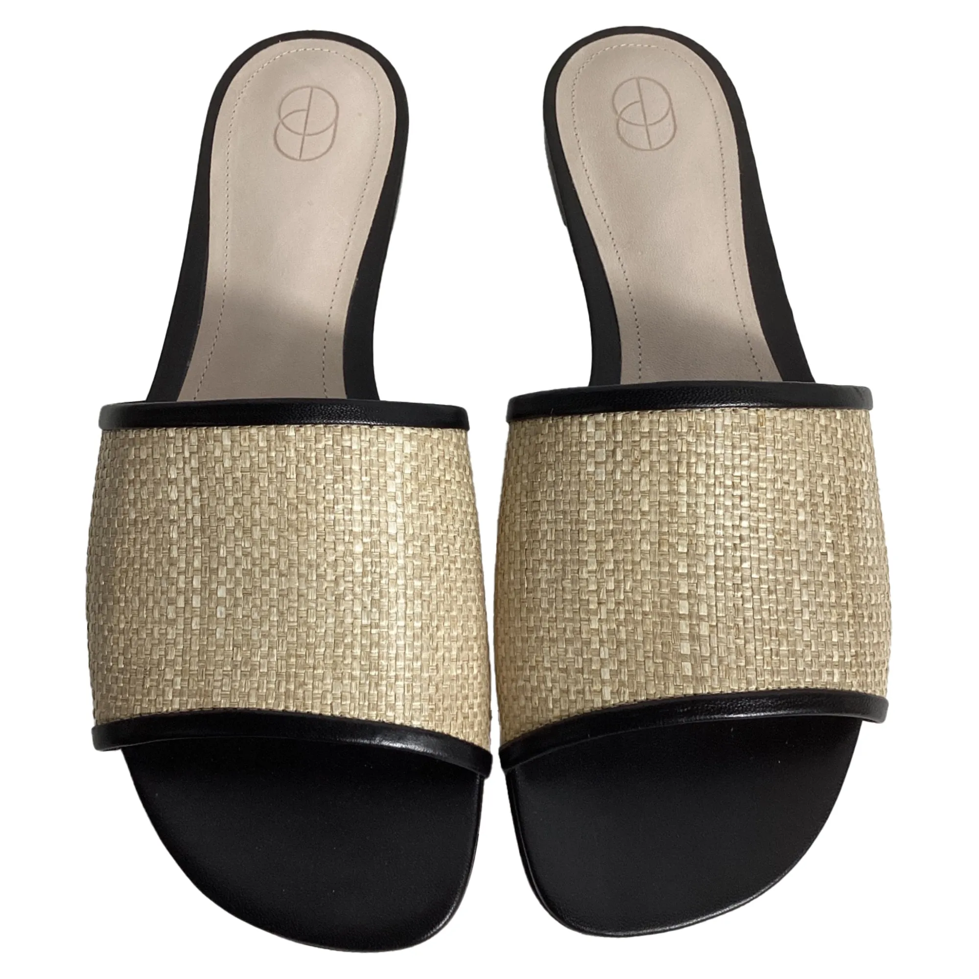 Porte & Paire Leather-Trimmed Slides in Black Raffia