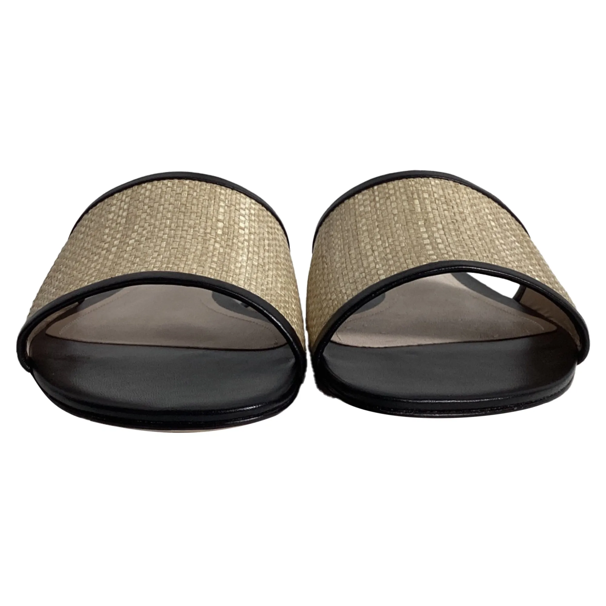 Porte & Paire Leather-Trimmed Slides in Black Raffia