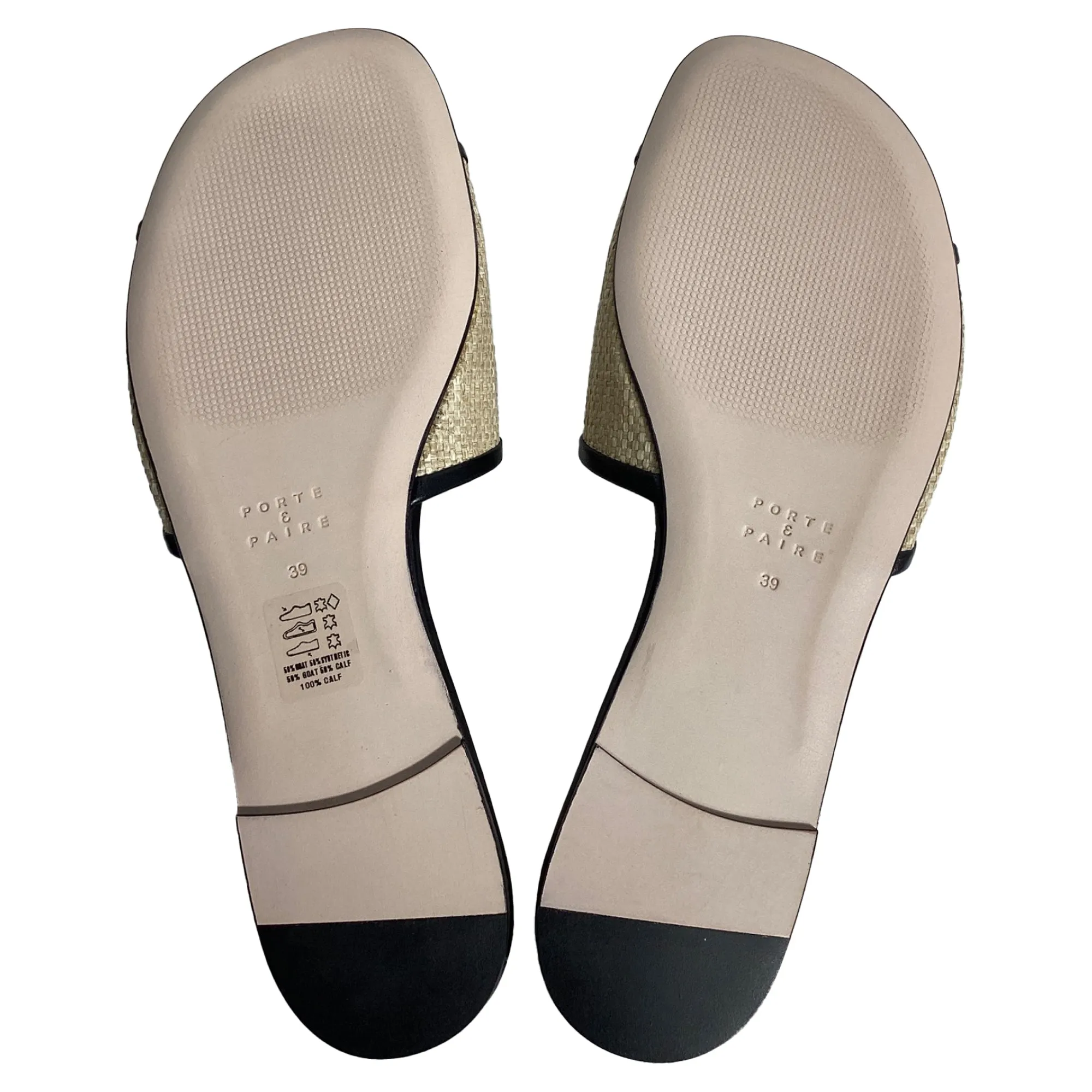 Porte & Paire Leather-Trimmed Slides in Black Raffia