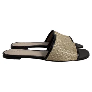 Porte & Paire Leather-Trimmed Slides in Black Raffia