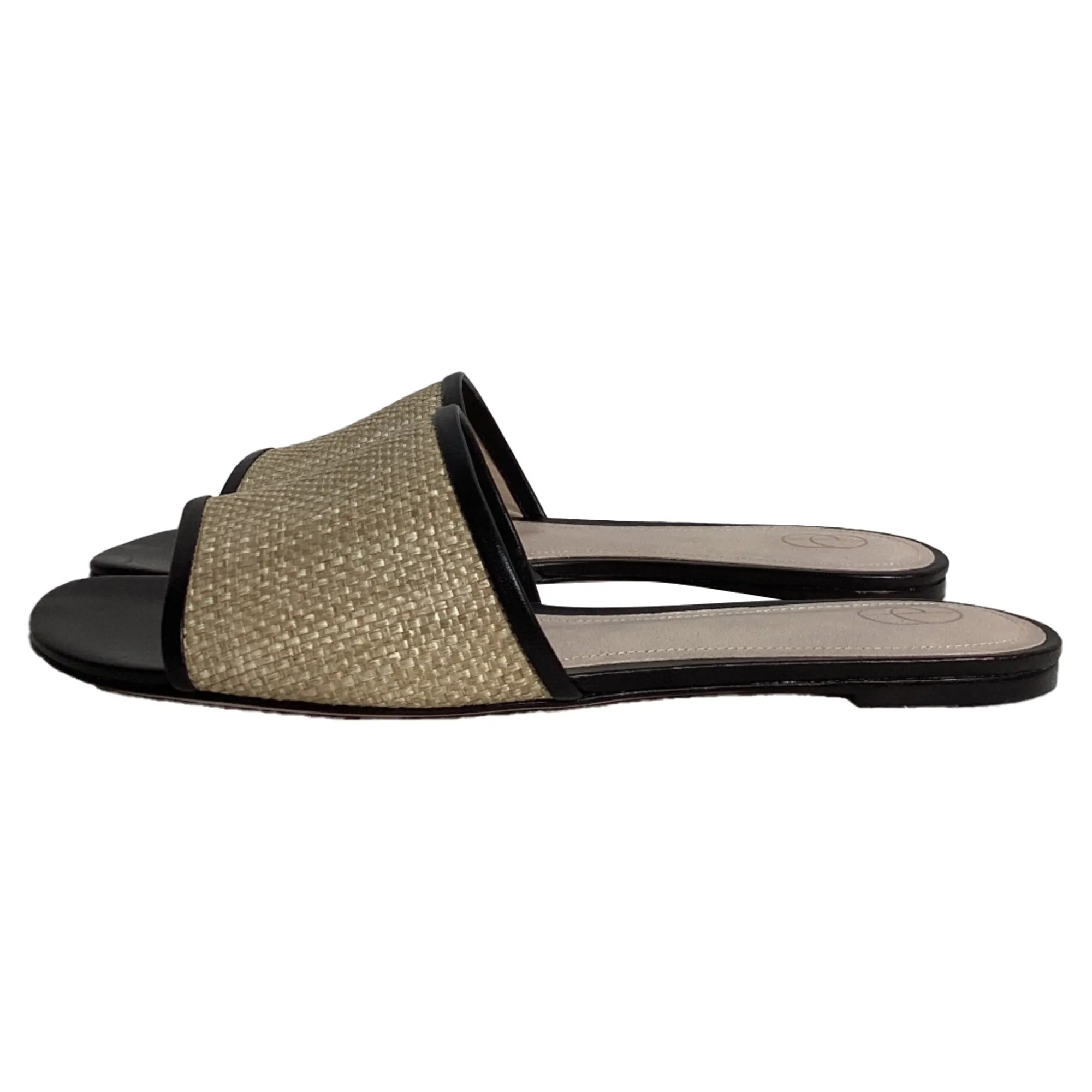 Porte & Paire Leather-Trimmed Slides in Black Raffia