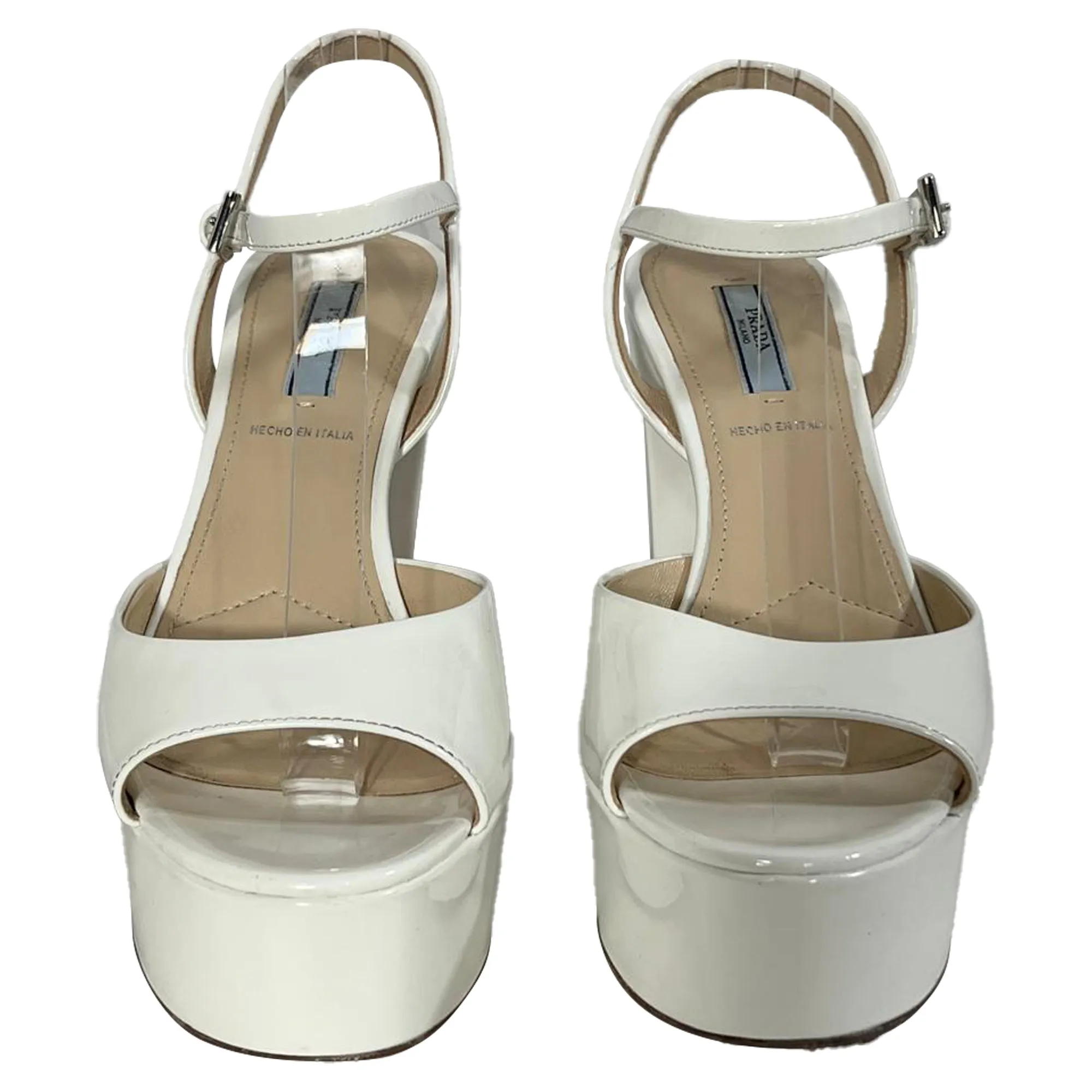 Prada Platform Block Heel Sandals in White Patent Leather