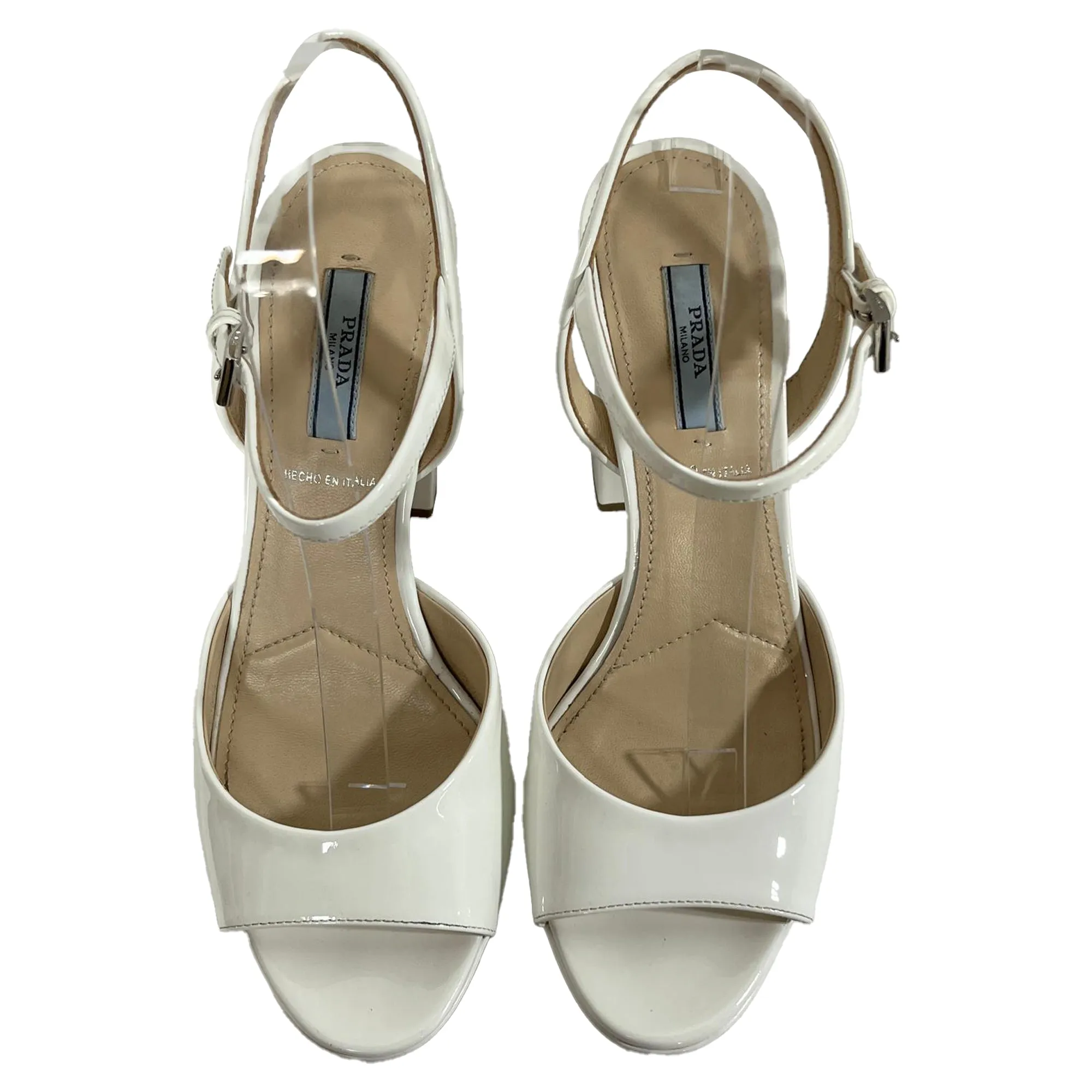 Prada Platform Block Heel Sandals in White Patent Leather