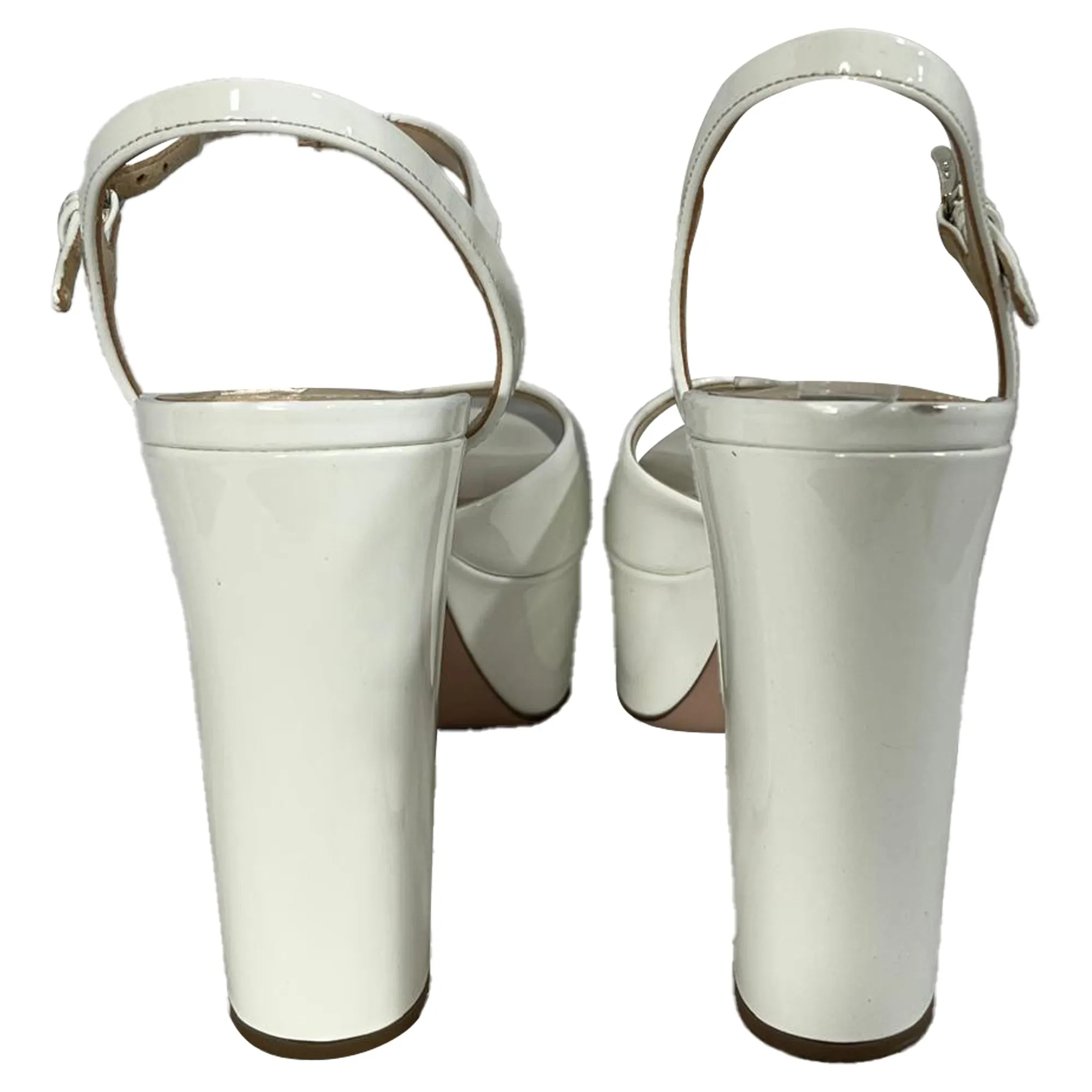 Prada Platform Block Heel Sandals in White Patent Leather