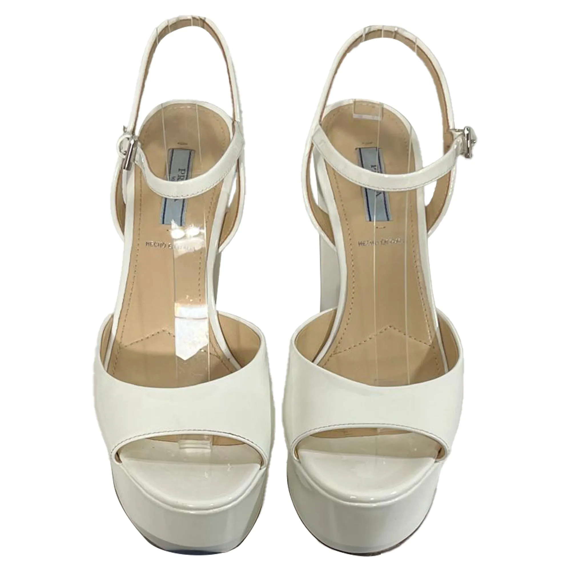 Prada Platform Block Heel Sandals in White Patent Leather