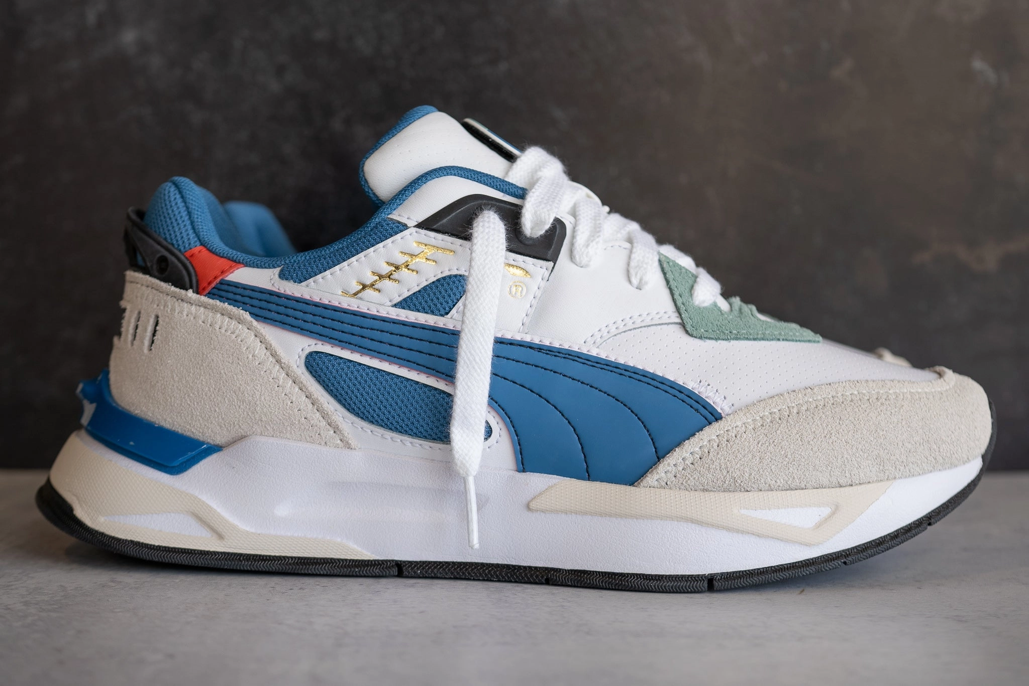 Puma Mirage Sport Go For (Puma White/Mineral Blue) Puma athletic shoe visuals