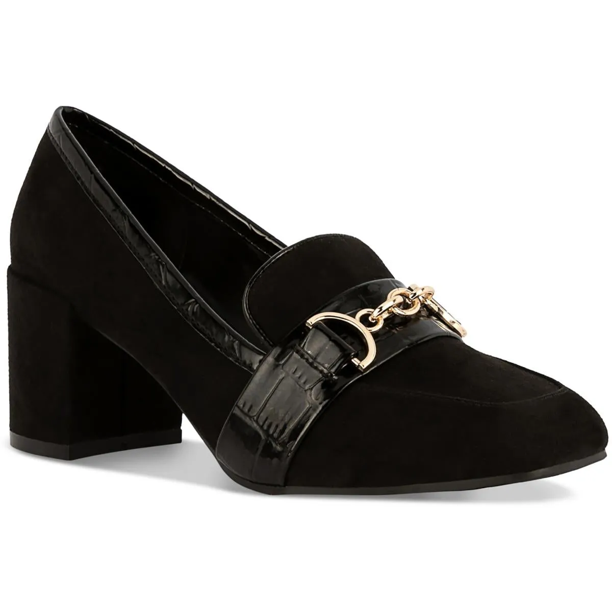 Qwynn Womens Buckle Faux Suede Block Heels