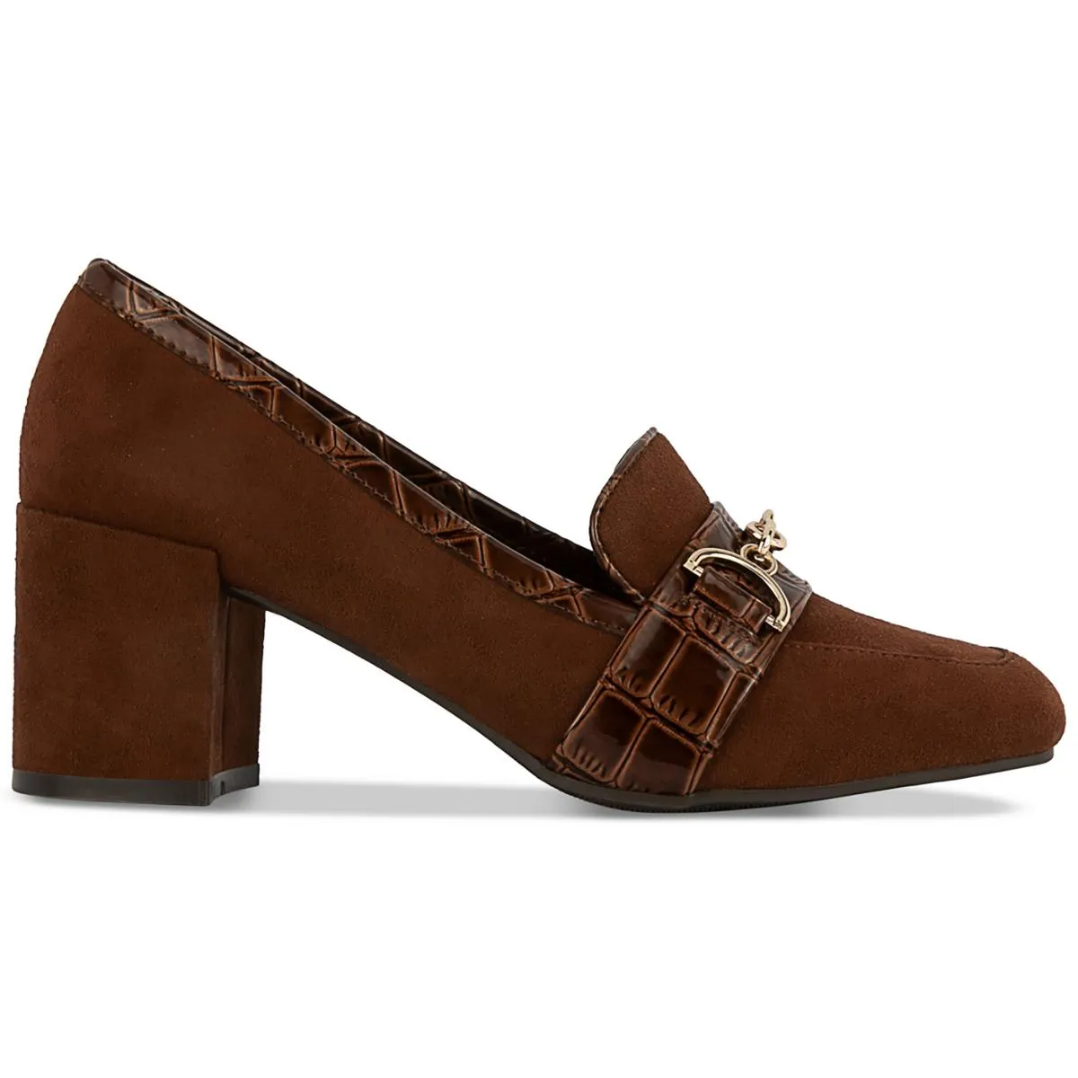 Qwynn Womens Buckle Faux Suede Block Heels