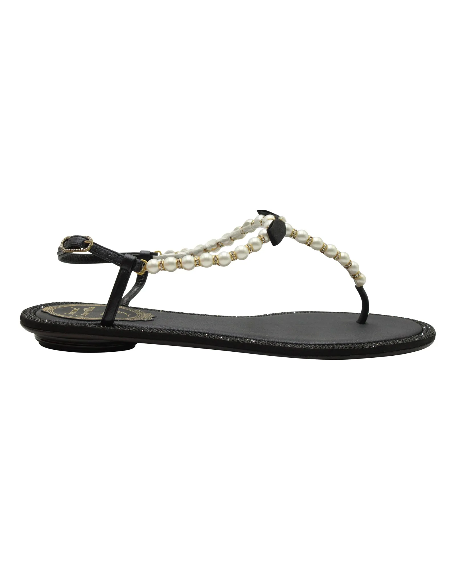 Rene Caovilla Pearly & Crystal Thong Sandals in Black Leather