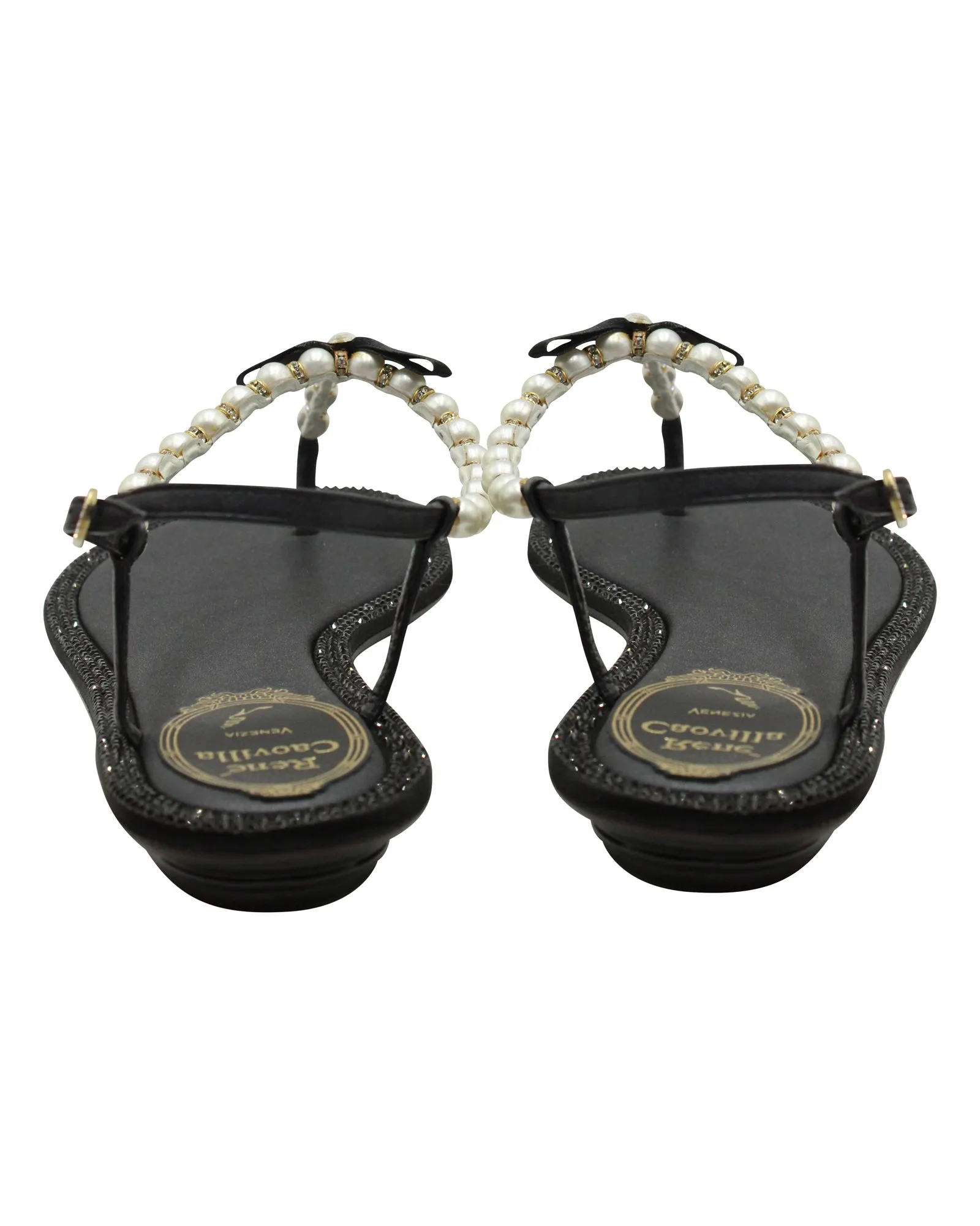 Rene Caovilla Pearly & Crystal Thong Sandals in Black Leather