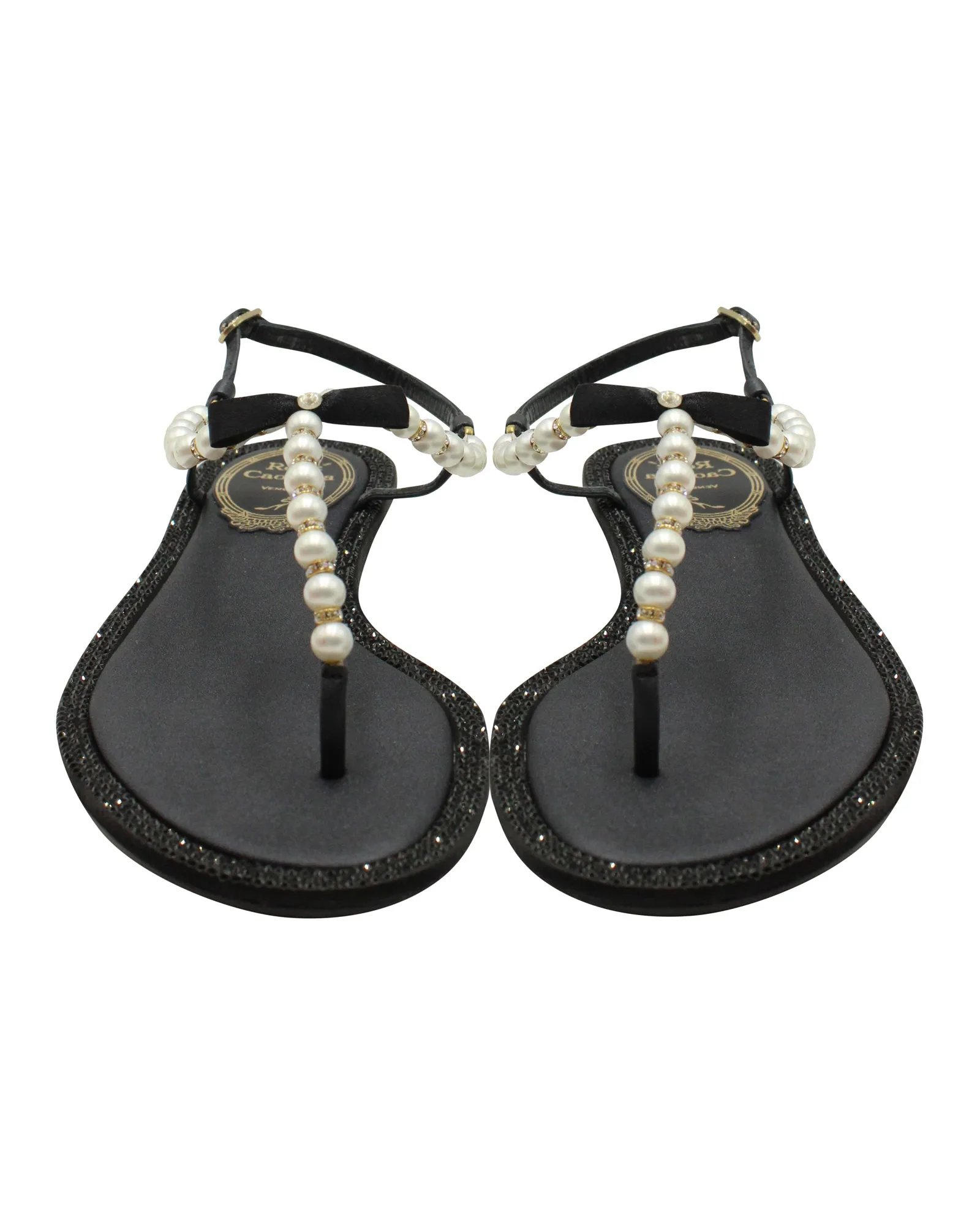 Rene Caovilla Pearly & Crystal Thong Sandals in Black Leather