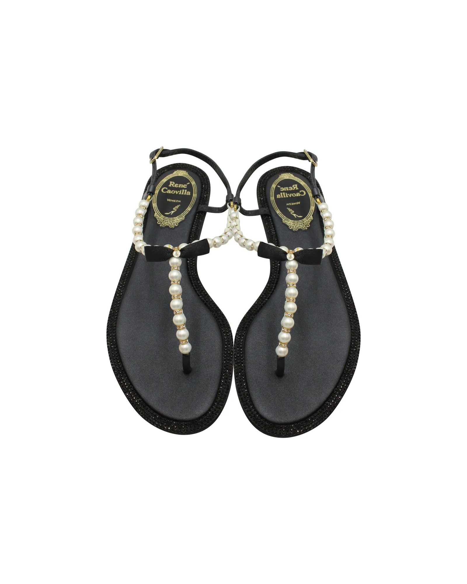 Rene Caovilla Pearly & Crystal Thong Sandals in Black Leather