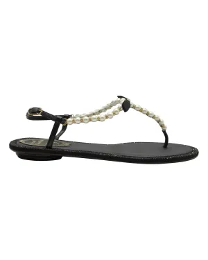 Rene Caovilla Pearly & Crystal Thong Sandals in Black Leather
