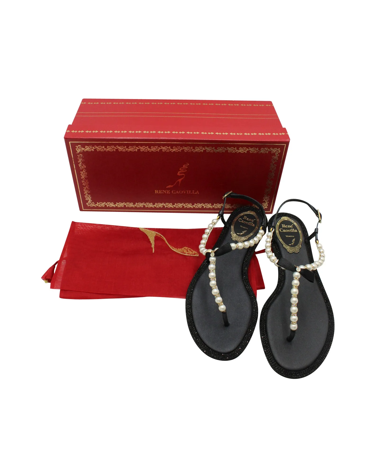 Rene Caovilla Pearly & Crystal Thong Sandals in Black Leather
