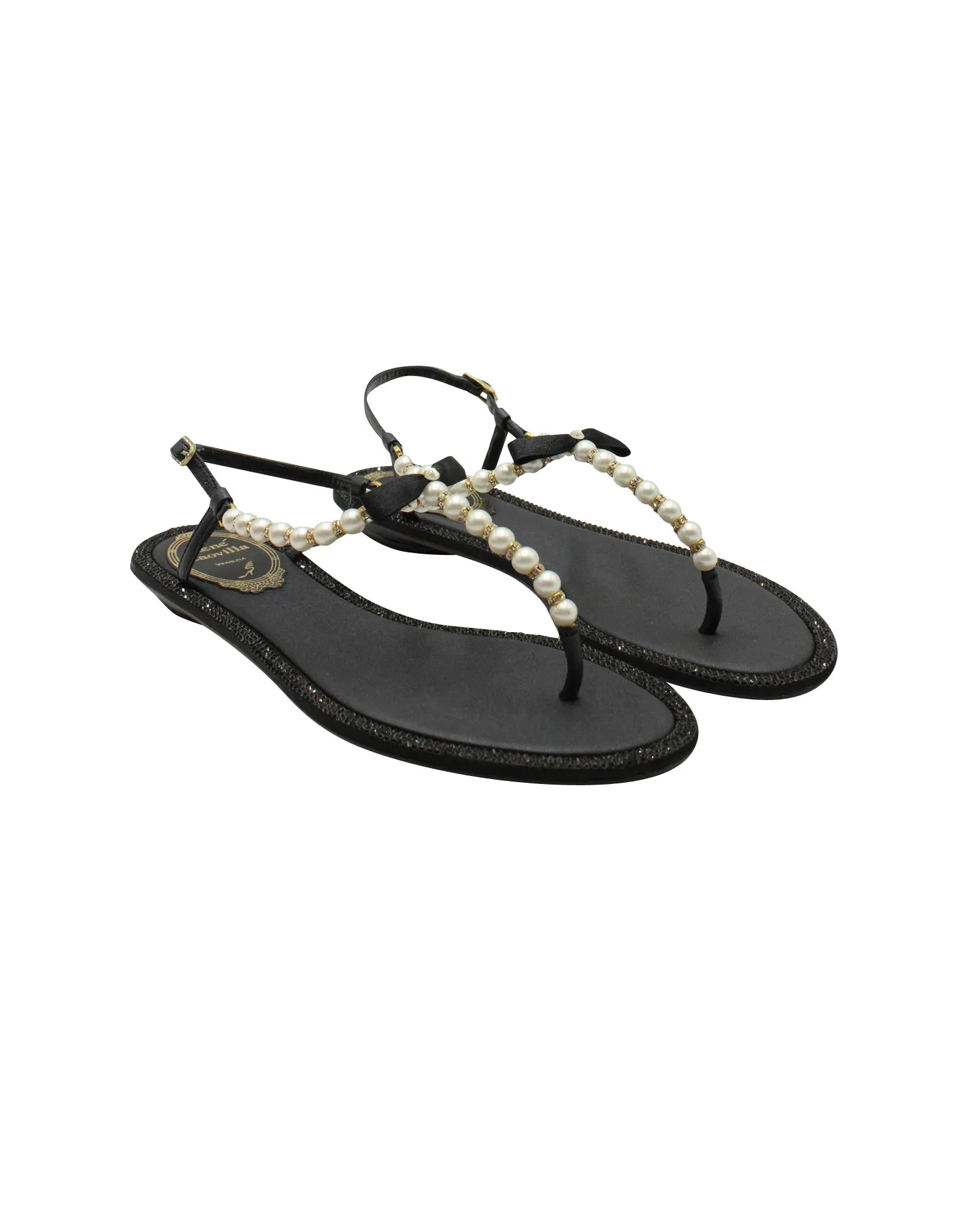 Rene Caovilla Pearly & Crystal Thong Sandals in Black Leather
