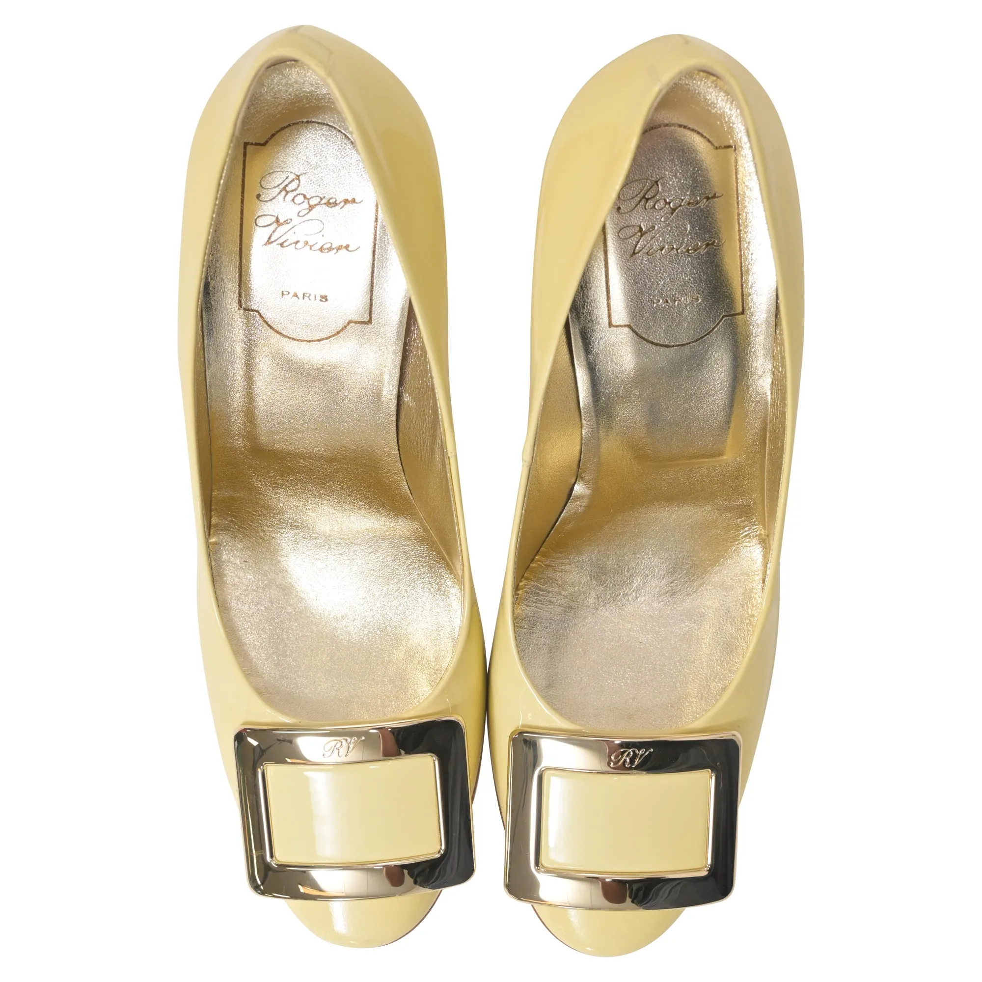 Roger Vivier Buckle Pumps in Pastel Yellow Patent Leather